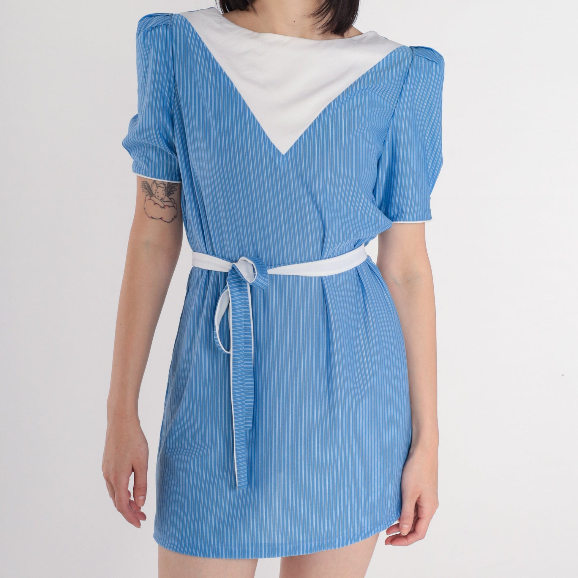 80s Blue Striped Mini Dress Puff Sleeve White Bib Tie Belt Medium