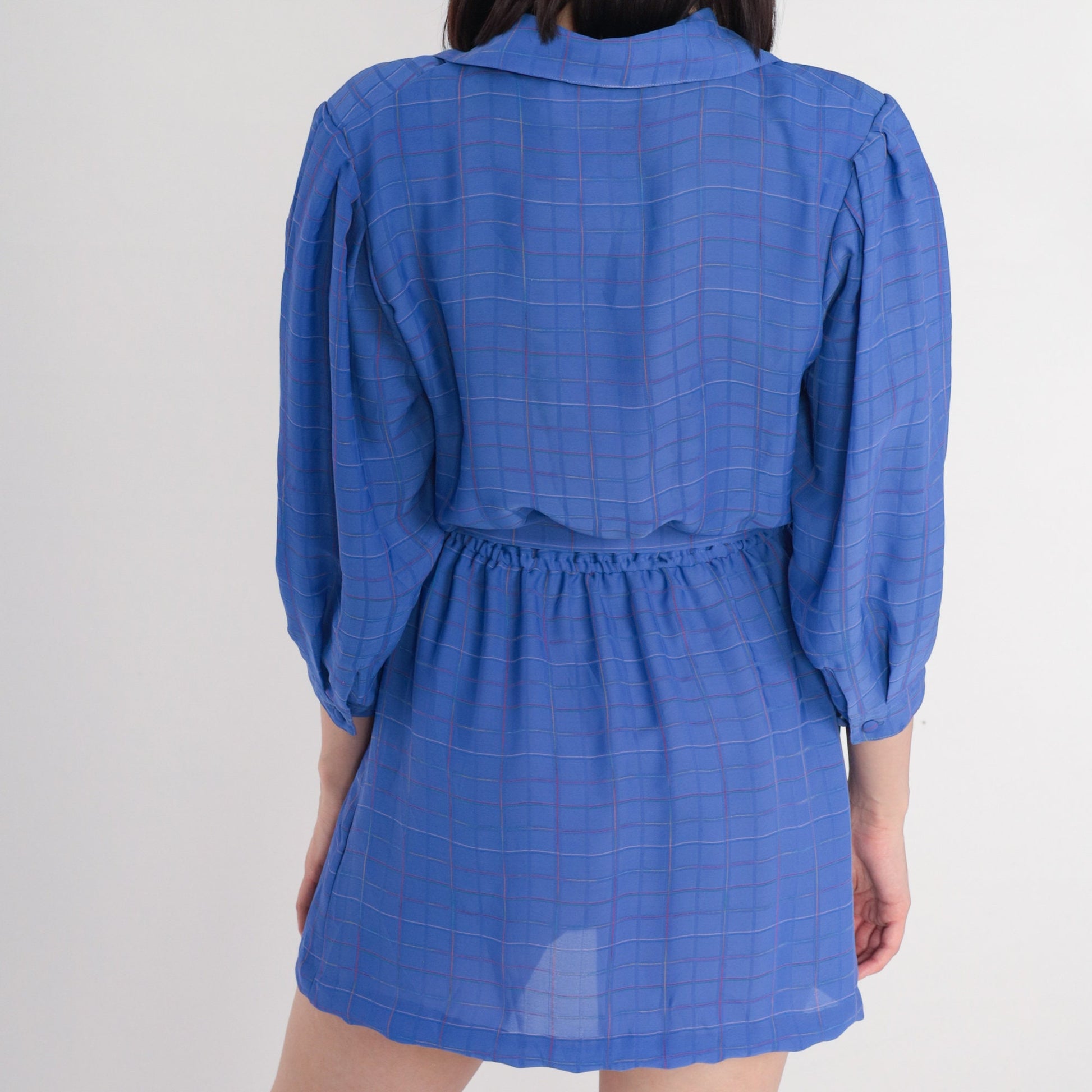 70s Ms Chaus Blue Checkered Mini Dress High Waist Pleated Button Up Medium Large