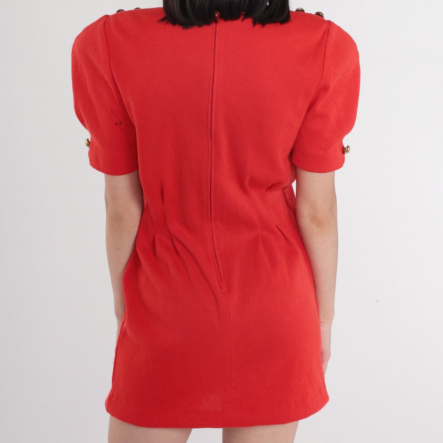 80s Leslie Fay Red Mini Dress Puff Sleeve Gold Buttons Sparkly Crest Patch Large