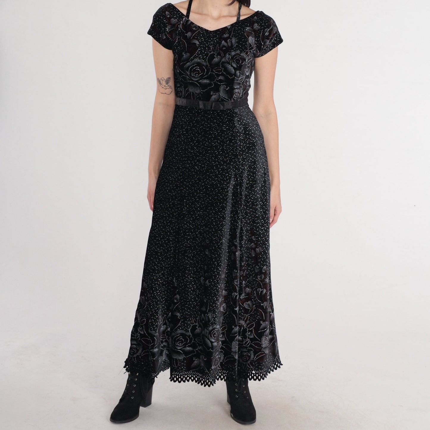 80s Black Velvet Maxi Dress Sparkly Floral Rose Print High Waisted Small