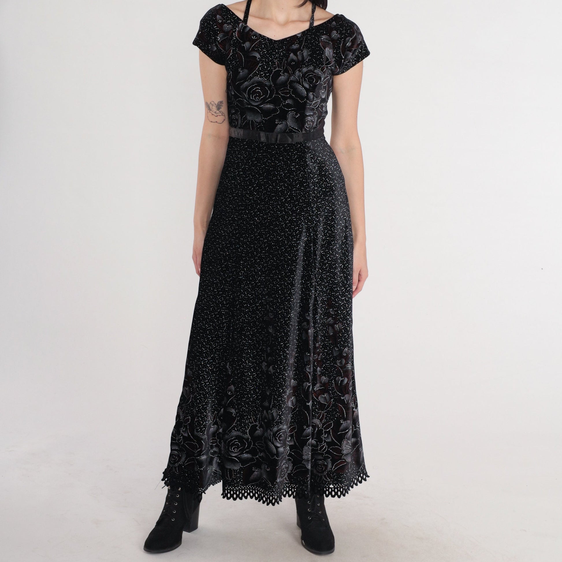 80s Black Velvet Maxi Dress Sparkly Floral Rose Print High Waisted Small