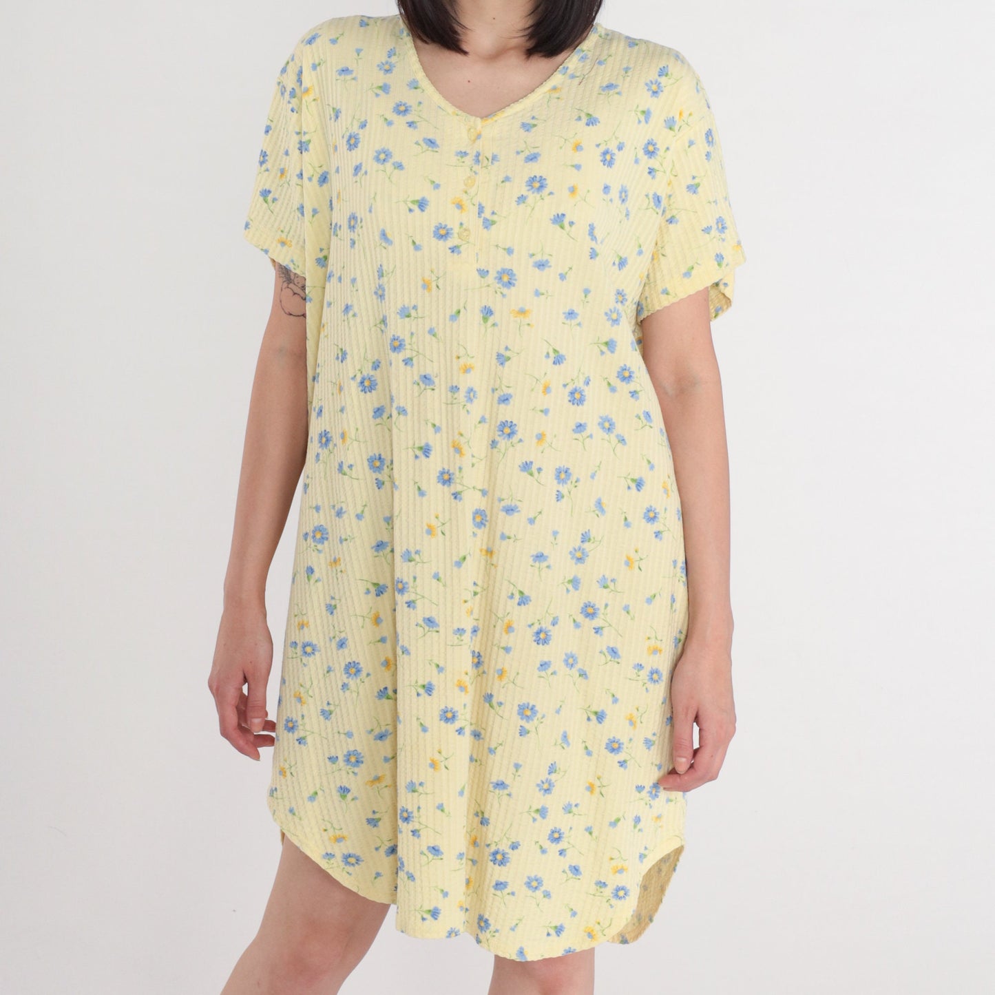 00s Yellow Floral Mini Dress Plus Size XXL Button-Up Short Sleeve