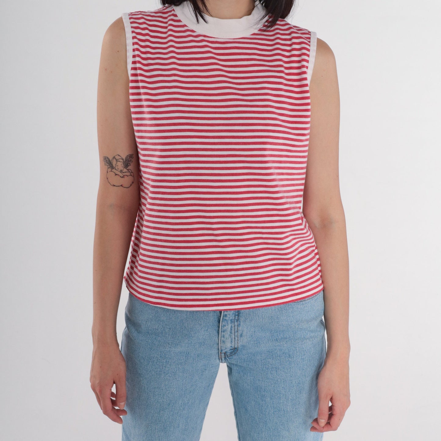 90s La Playa Striped Tank Top Mock Neck Ringer Tee Red White Large