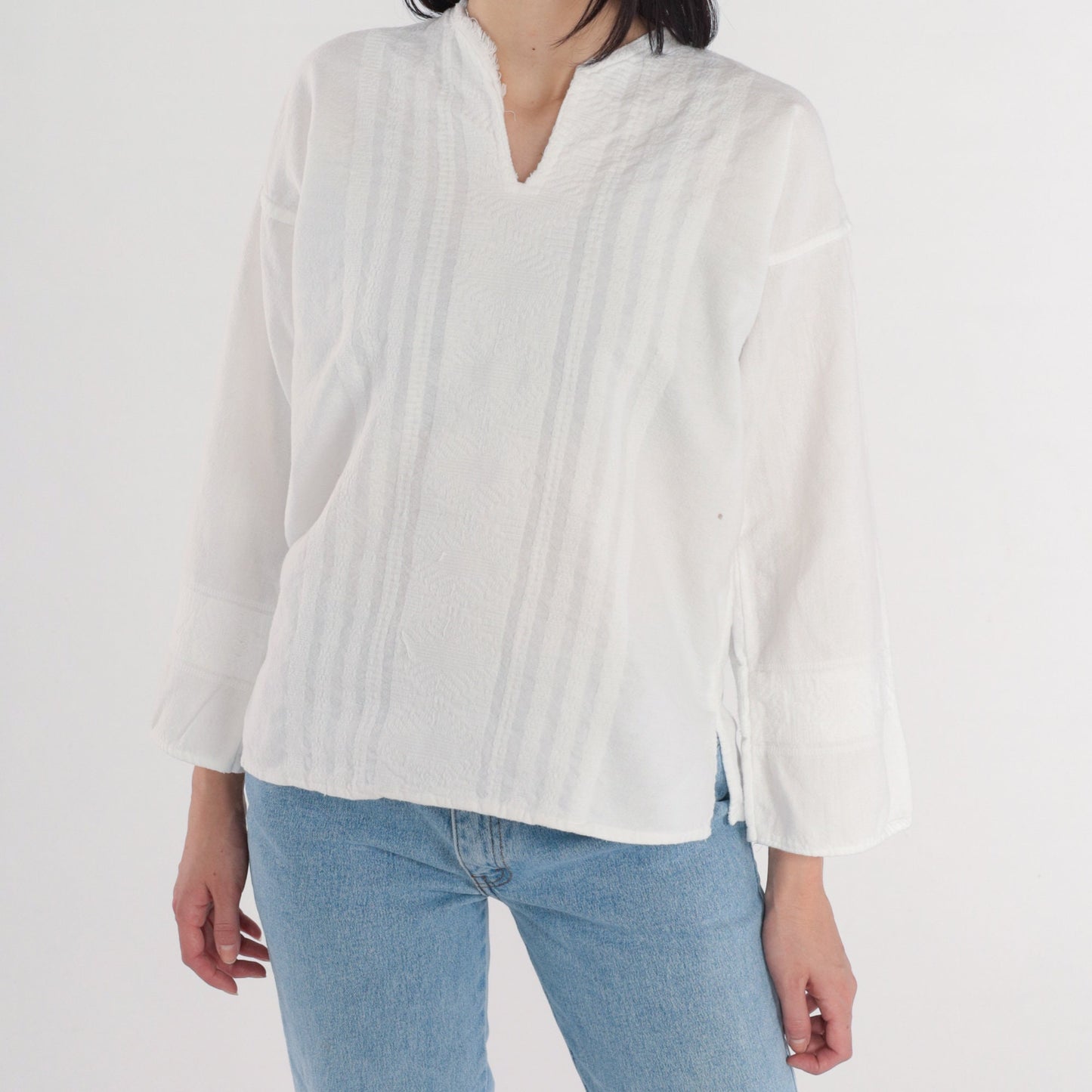 90s White Cotton Woven Blouse Long Sleeve V-Neck Medium M