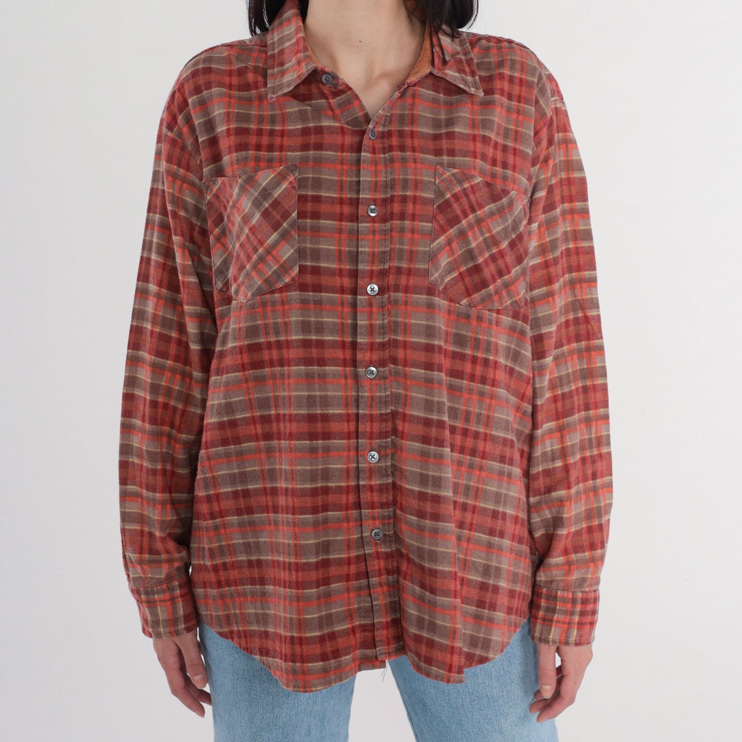 90s Haband Red Plaid Flannel Button-Up Shirt Long Sleeve Large