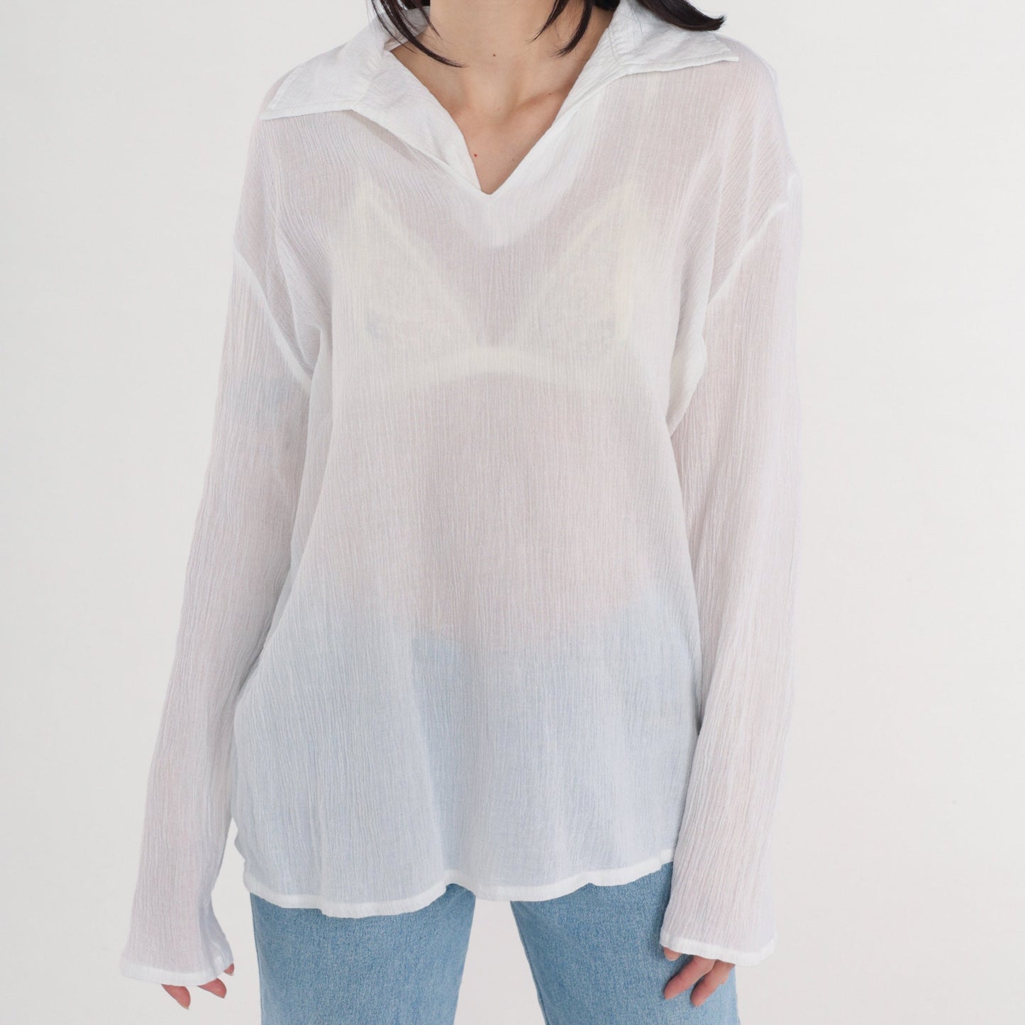 Y2K Bird Tree Print Blouse White Cotton Long Sleeve Collared V Neck Large L