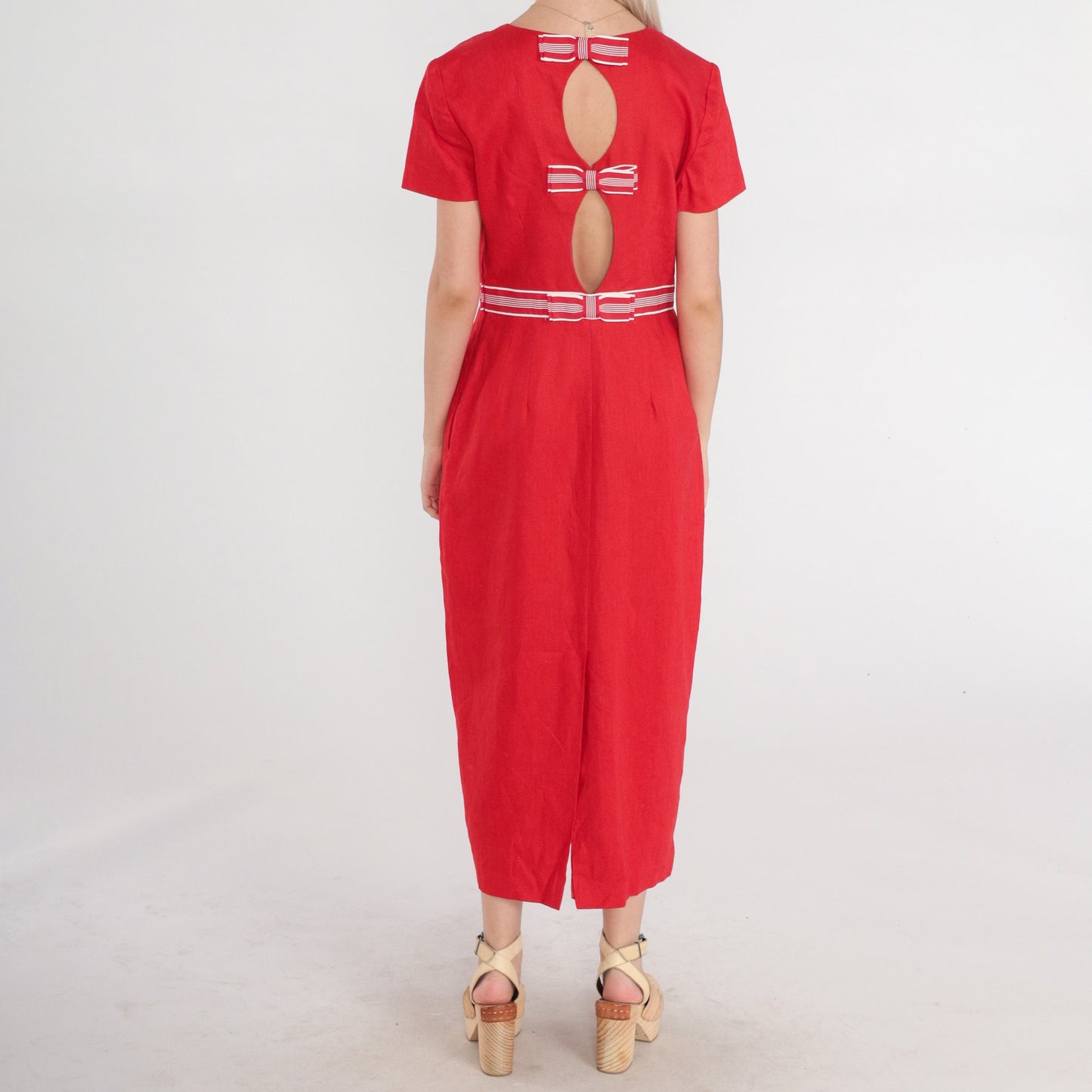 00s Red Linen Midi Dress Keyhole Cutout Bow Short Sleeve Small 6