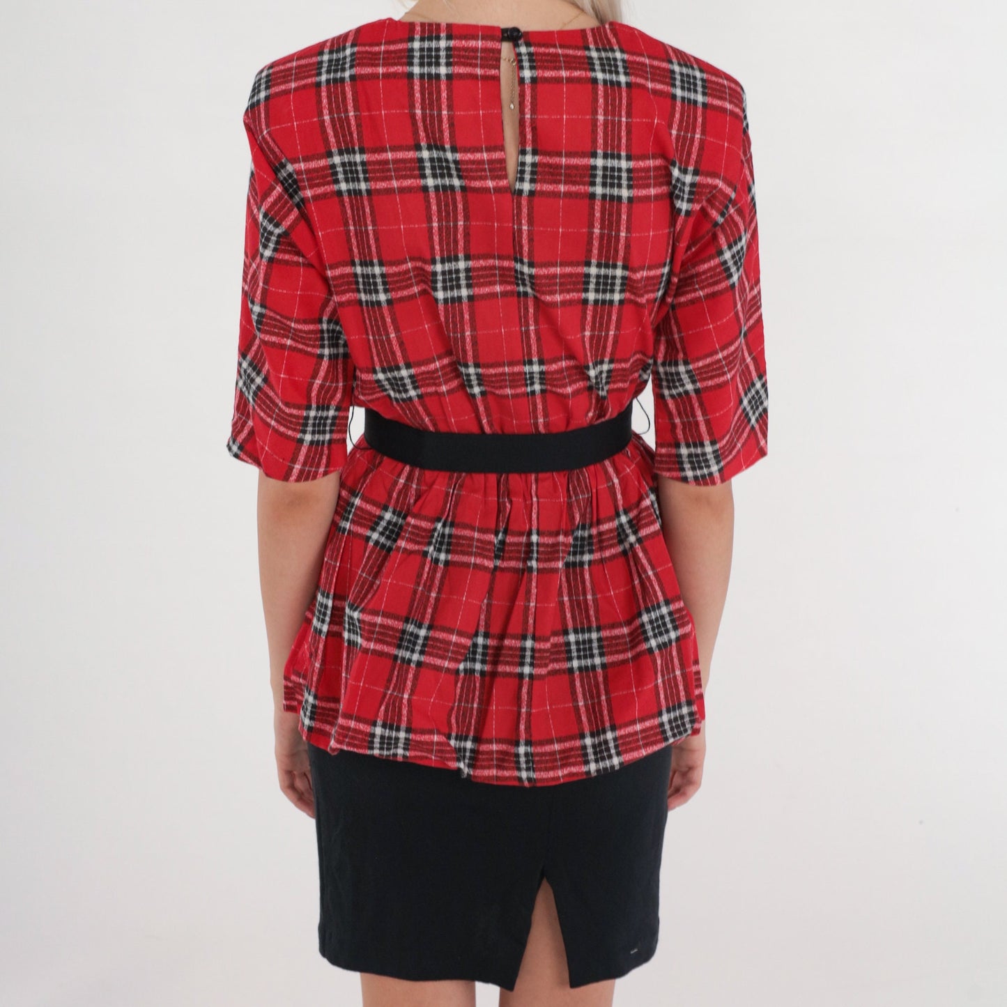 80s Bee Darlin Red Plaid Peplum Midi Dress Black Pencil Skirt Extra Small