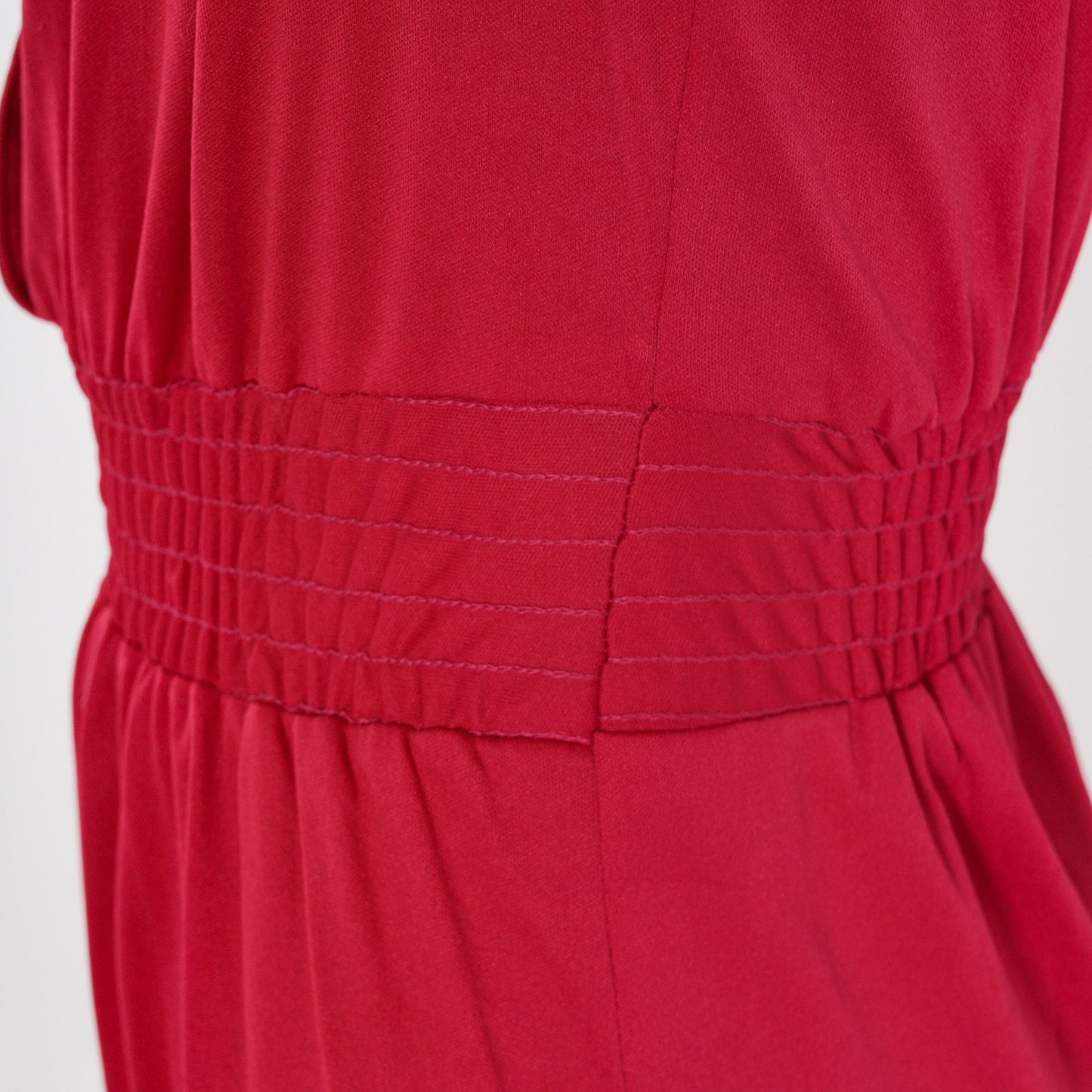70s Raspberry Red Midi Shirtdress High Waist V Neck Smocked Small
