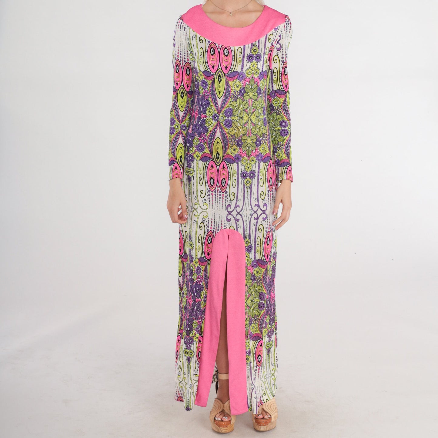 1970s Psychedelic Floral Maxi Dress Long Sleeve Hot Pink Lime Green Small