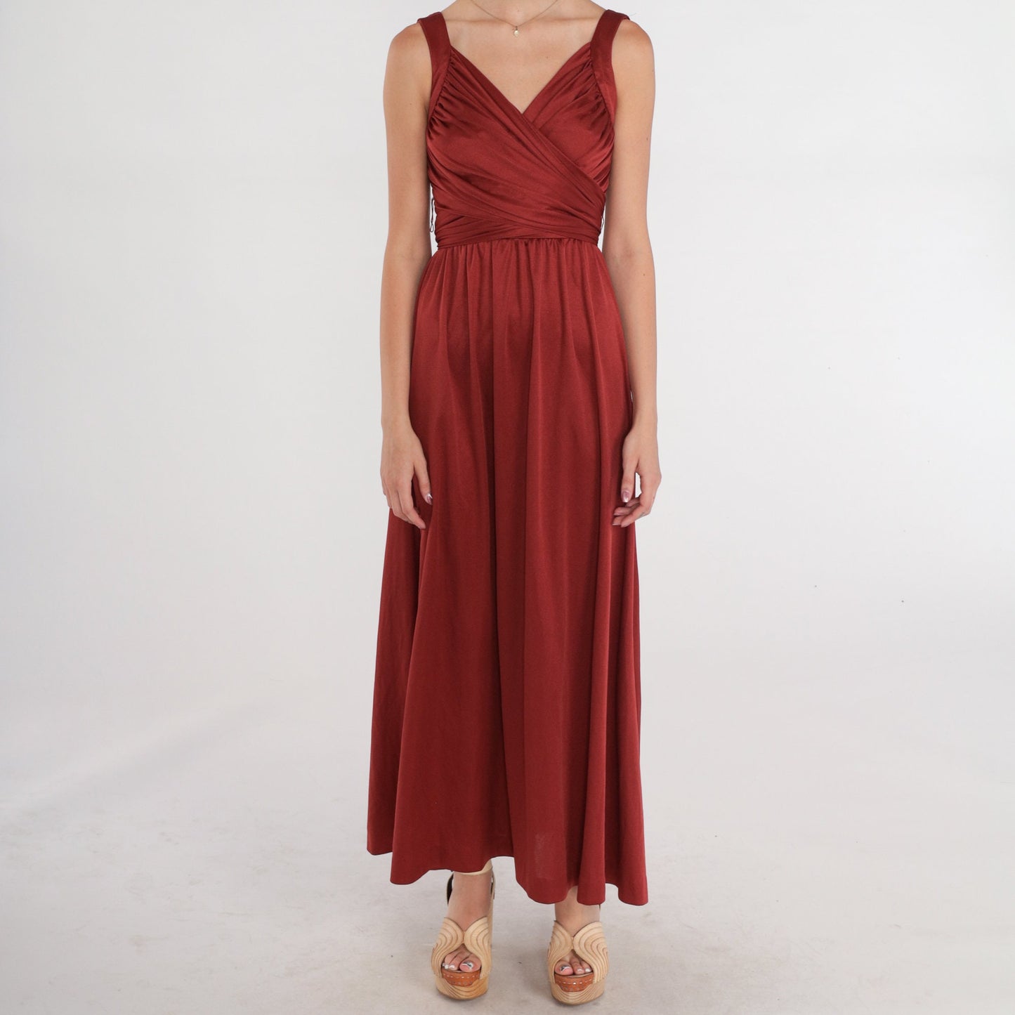 70s Rust Red Maxi Dress Deep V Wrap Bodice High Waisted Small