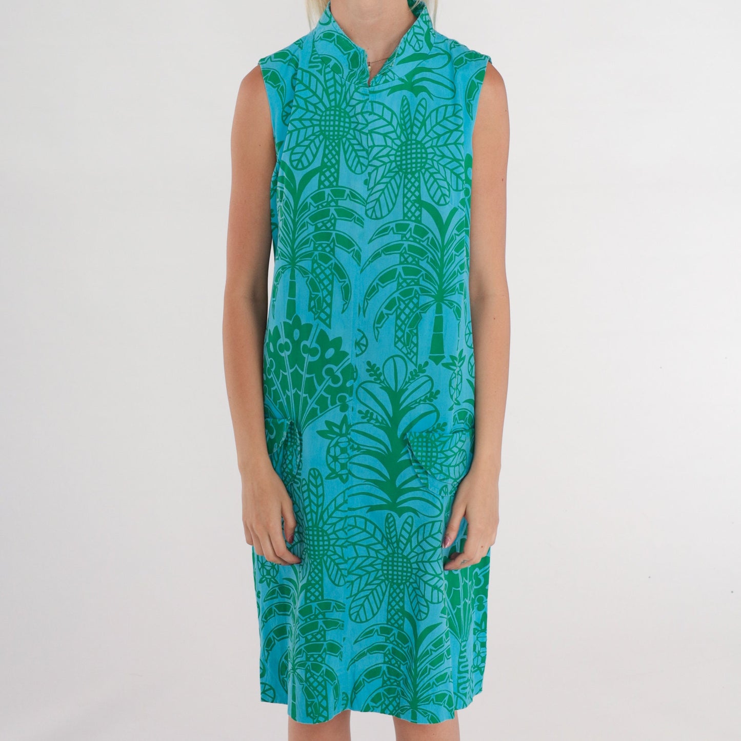 60s Ruth Clarage Tropical Palm Tree Shift Dress Blue Midi Medium