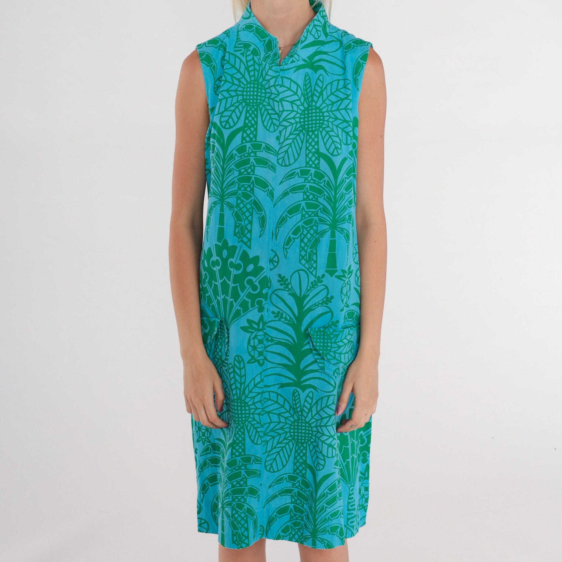 60s Ruth Clarage Tropical Palm Tree Shift Dress Blue Midi Medium