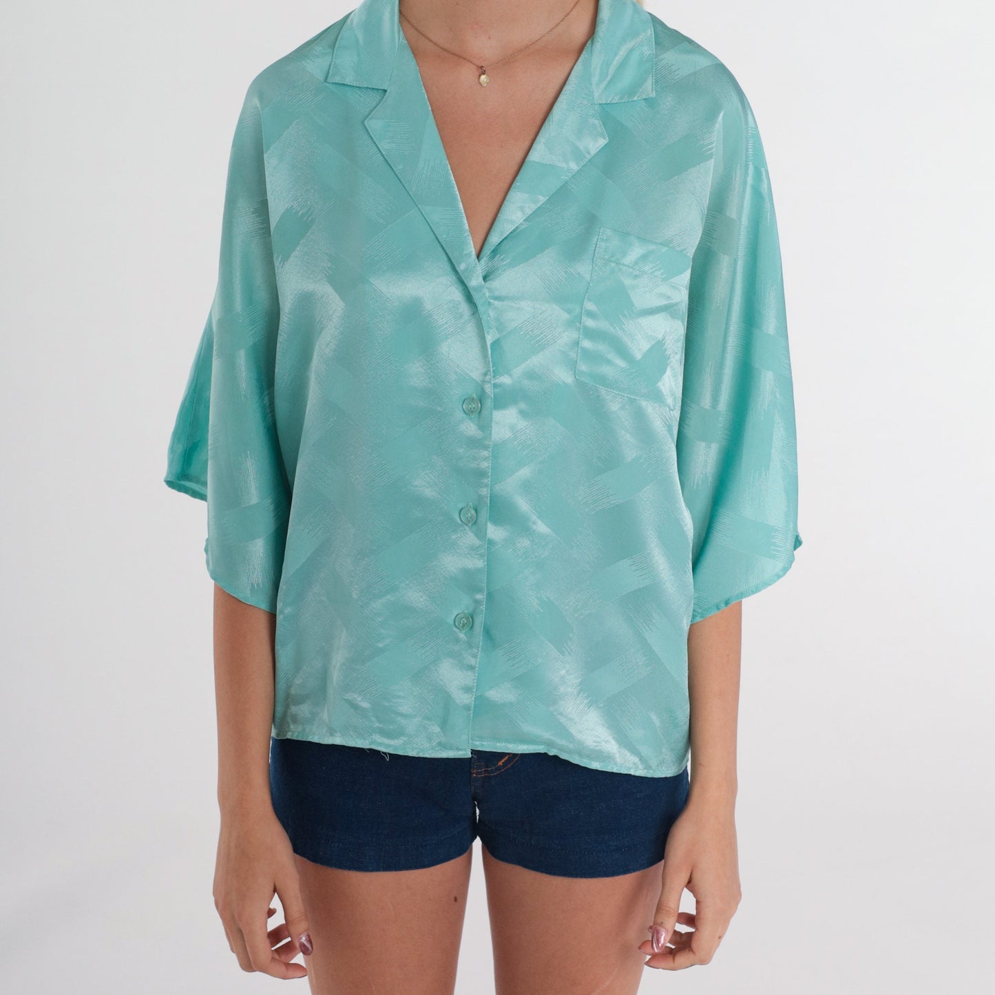 80s Seafoam Button-Up Blouse Shiny Embossed Collared Shirt Medium