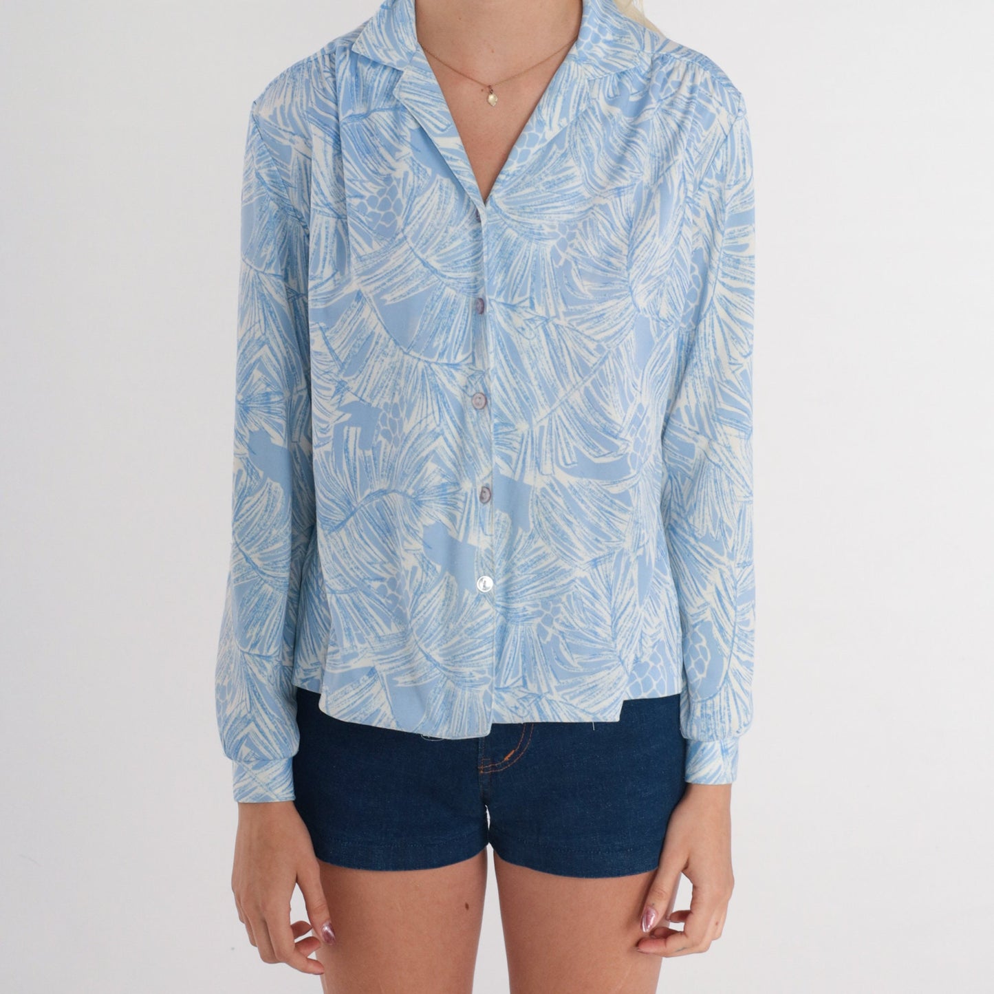 70s Pine Needle Pinecone Print Button-Up Blouse Blue White Long Sleeve Medium