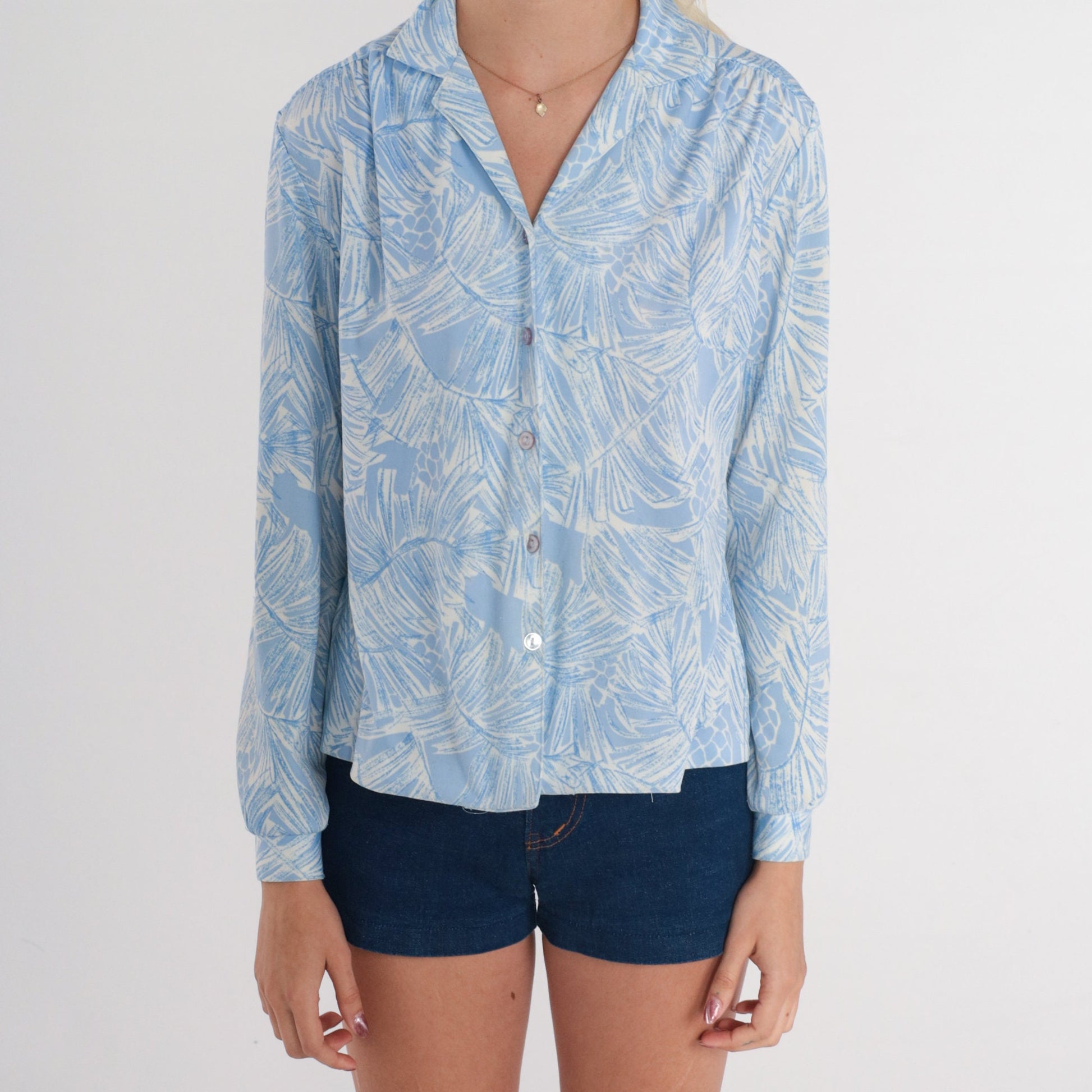 70s Pine Needle Pinecone Print Button-Up Blouse Blue White Long Sleeve Medium