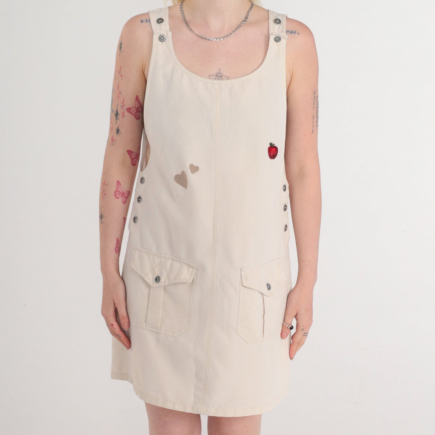 90s Beige Jumper Dress Heart Apple Print Sleeveless Mini Medium