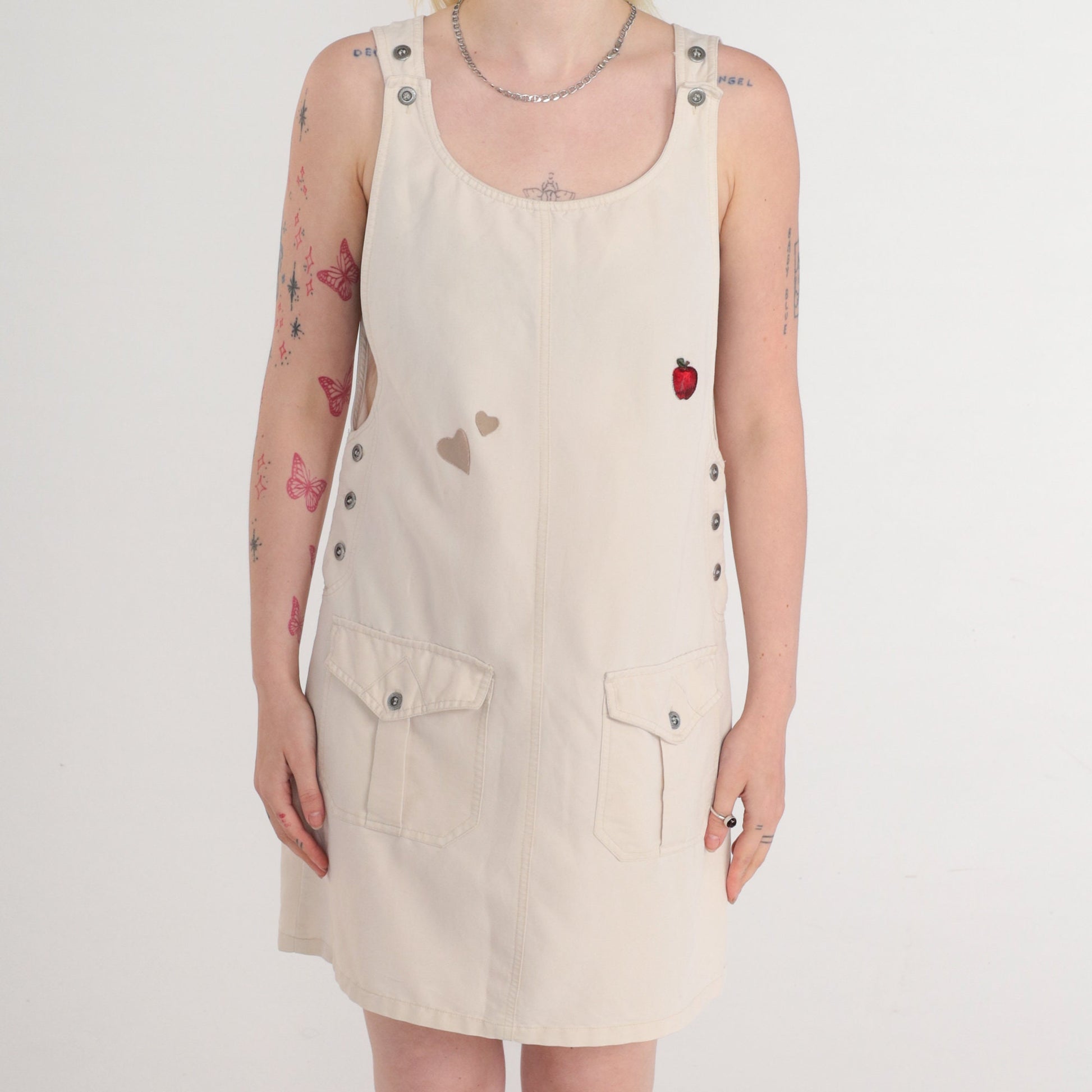 90s Beige Jumper Dress Heart Apple Print Sleeveless Mini Medium