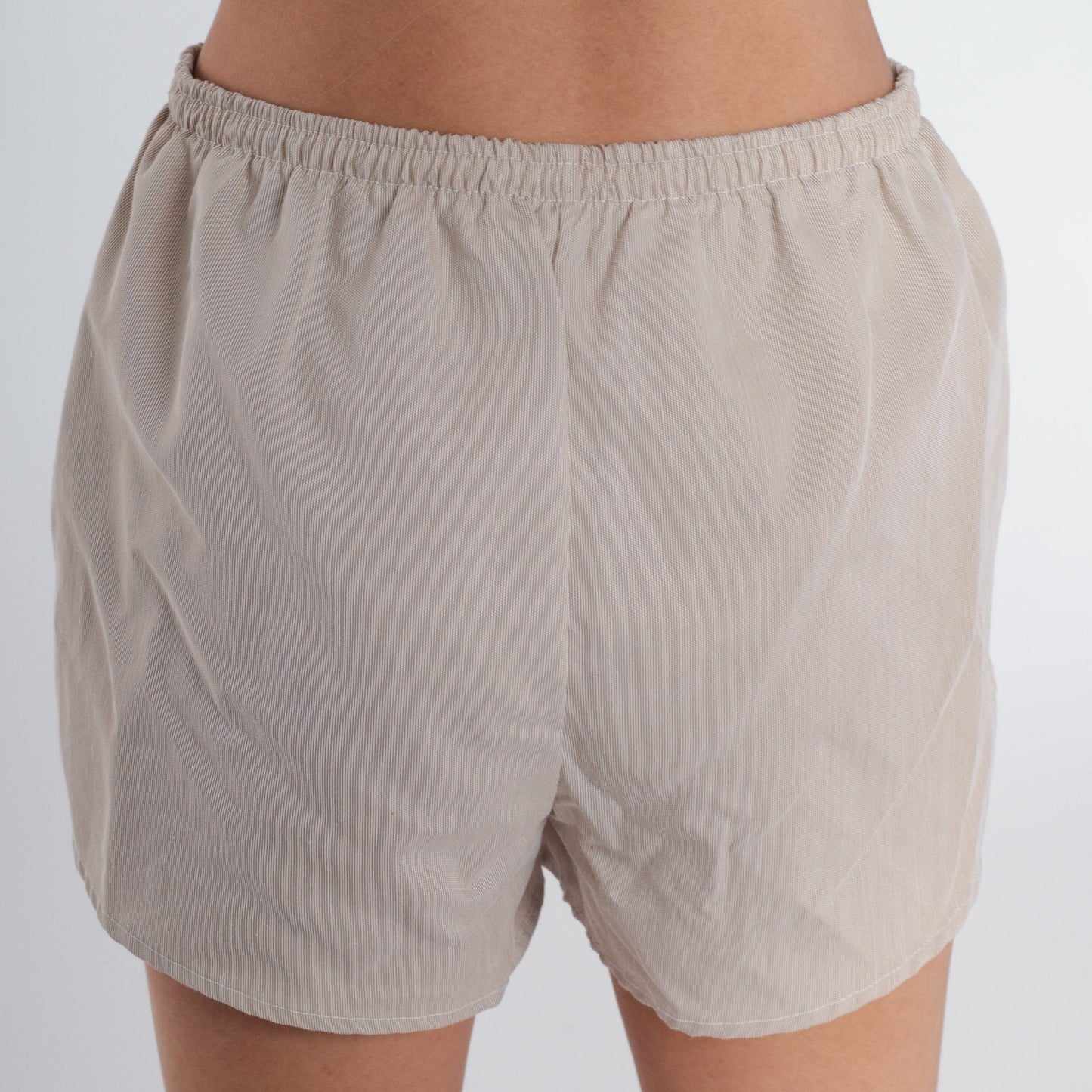 90s Pinstriped Tan Swim Shorts Elastic Waist Board Shorts Small Medium