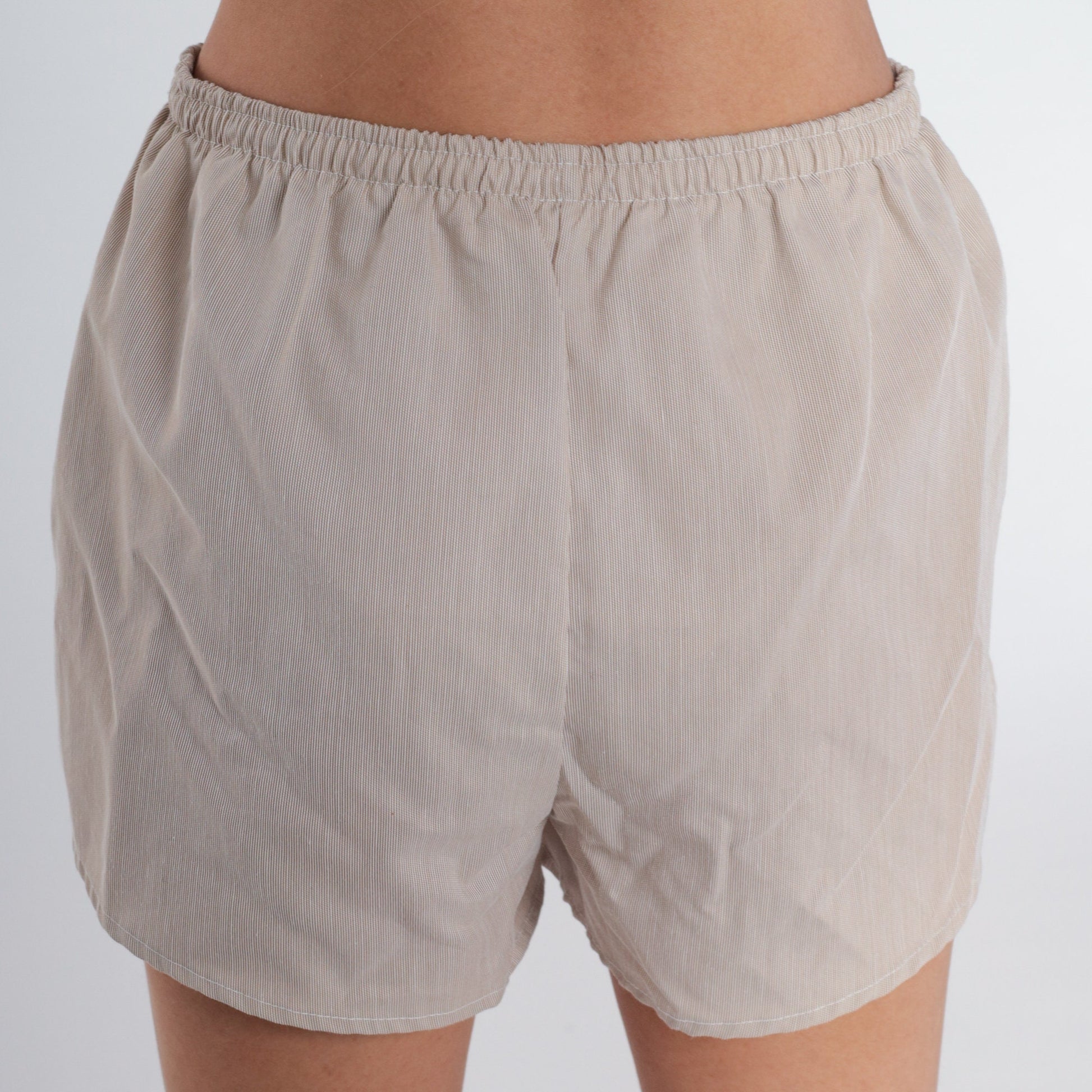 90s Pinstriped Tan Swim Shorts Elastic Waist Board Shorts Small Medium