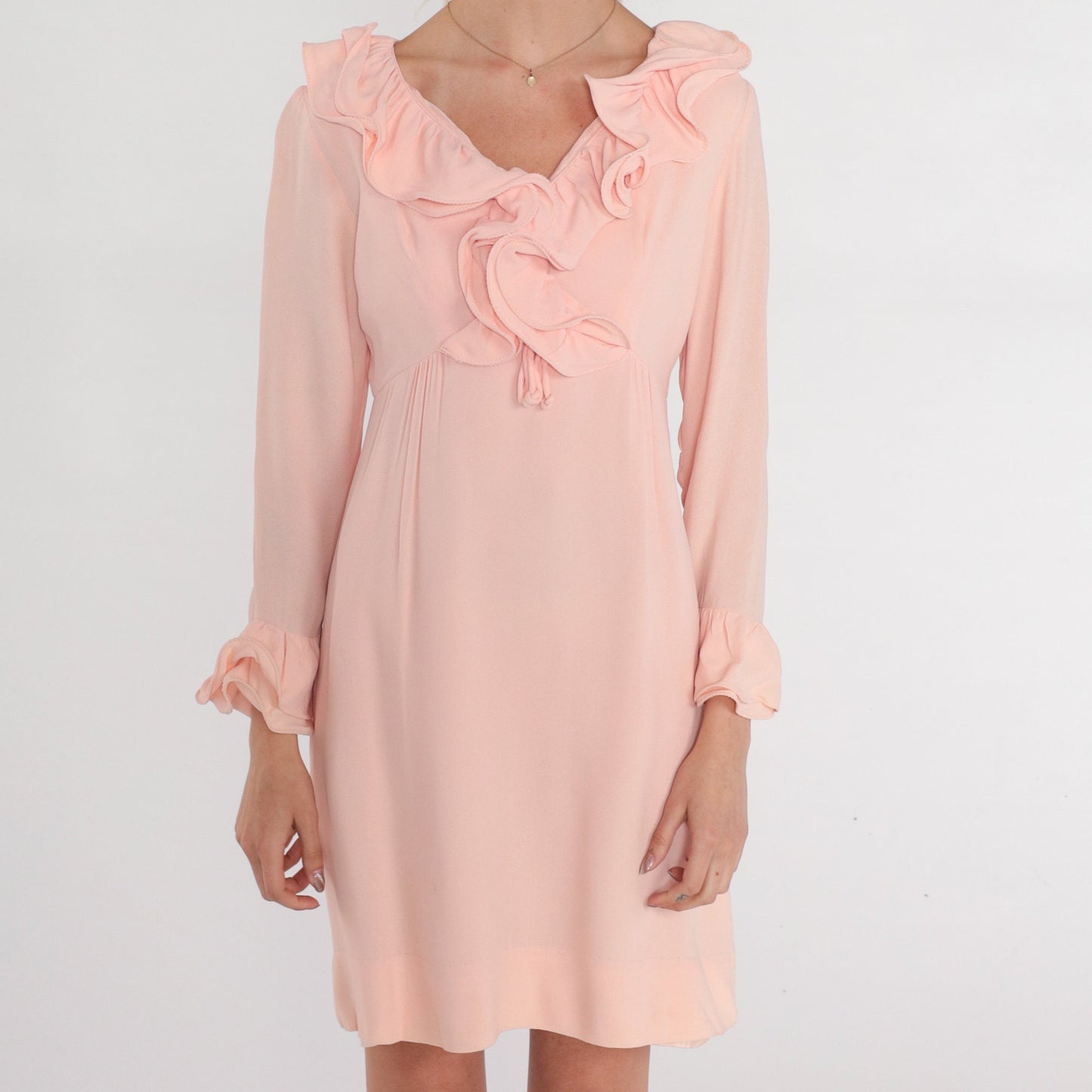 70s Pink Babydoll Mini Dress Empire Waist Ruffled Long Sleeve Medium M
