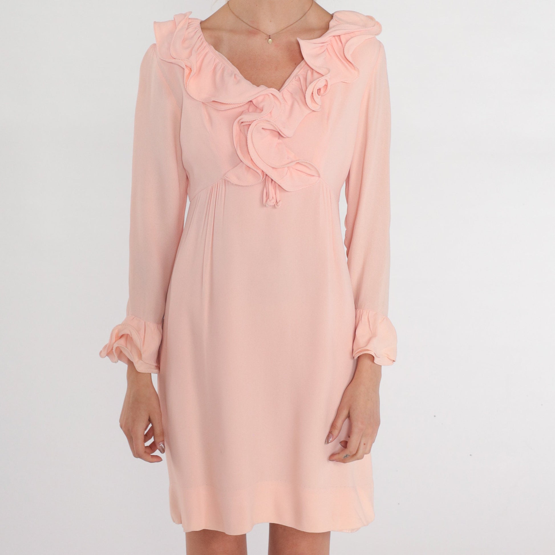 70s Pink Babydoll Mini Dress Empire Waist Ruffled Long Sleeve Medium M