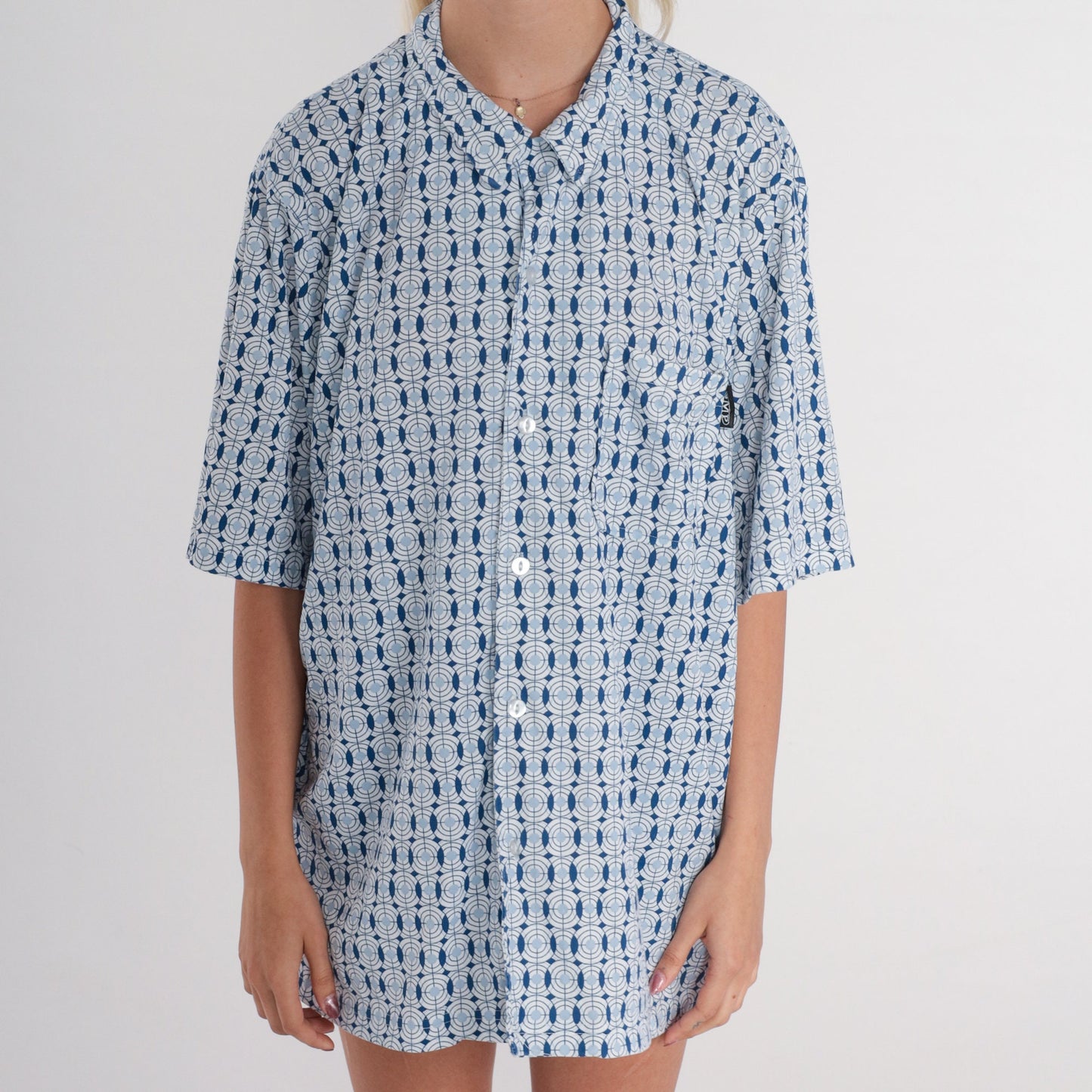 90s Geometric Circle Print Button-Up Shirt Blue White Abstract Short Sleeve Extra Large
