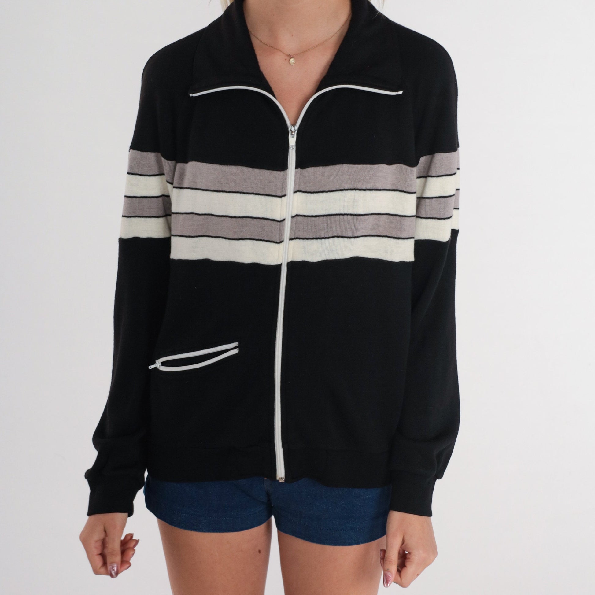 80s Black Track Jacket Striped Zip-Up Taupe White Medium