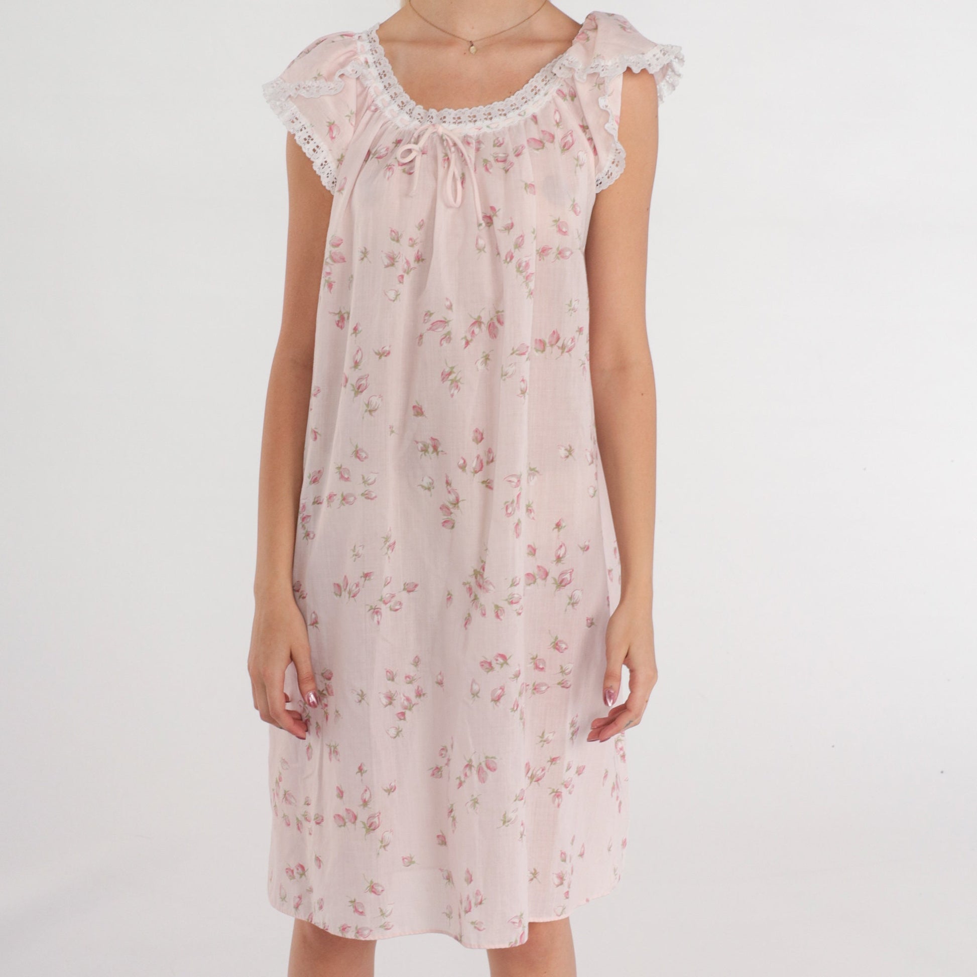 80s Floral Shift Dress Baby Pink Tulip Sleeve Lace Trim Midi Medium