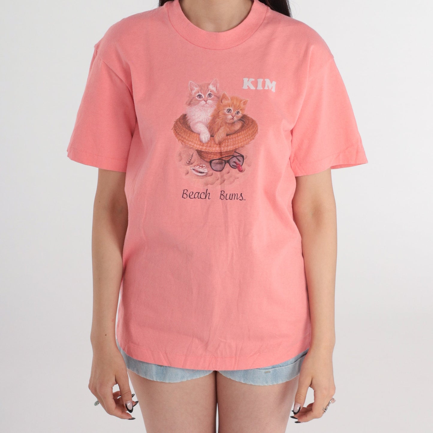 90s Beach Bums Cat Graphic T-Shirt Pink Kitten Tee Medium
