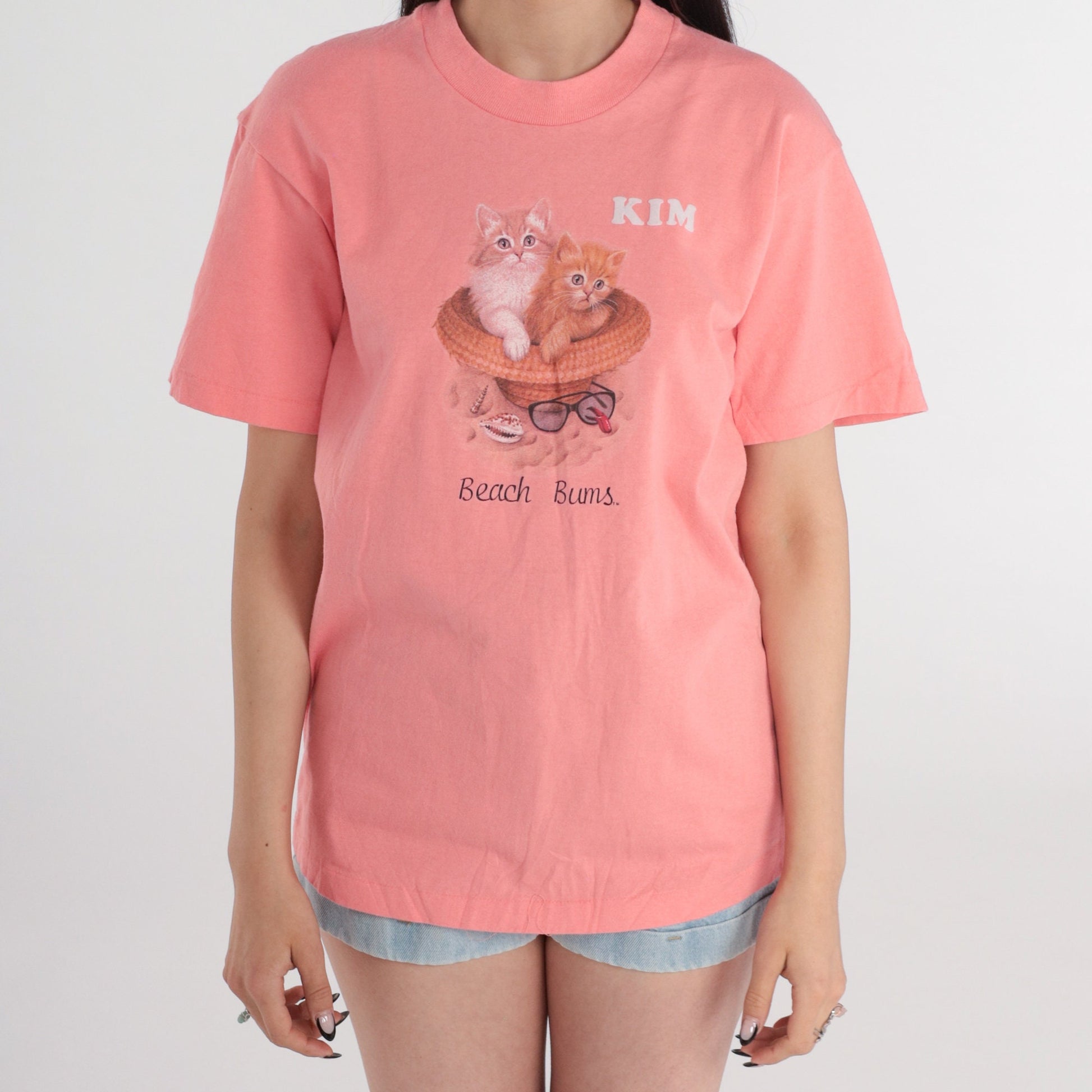 90s Beach Bums Cat Graphic T-Shirt Pink Kitten Tee Medium