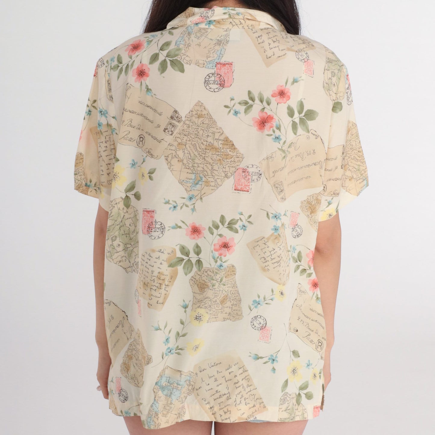 90s Liz Claiborne Travel Print Button-Up Blouse Cream Floral Postcard Shirt Large