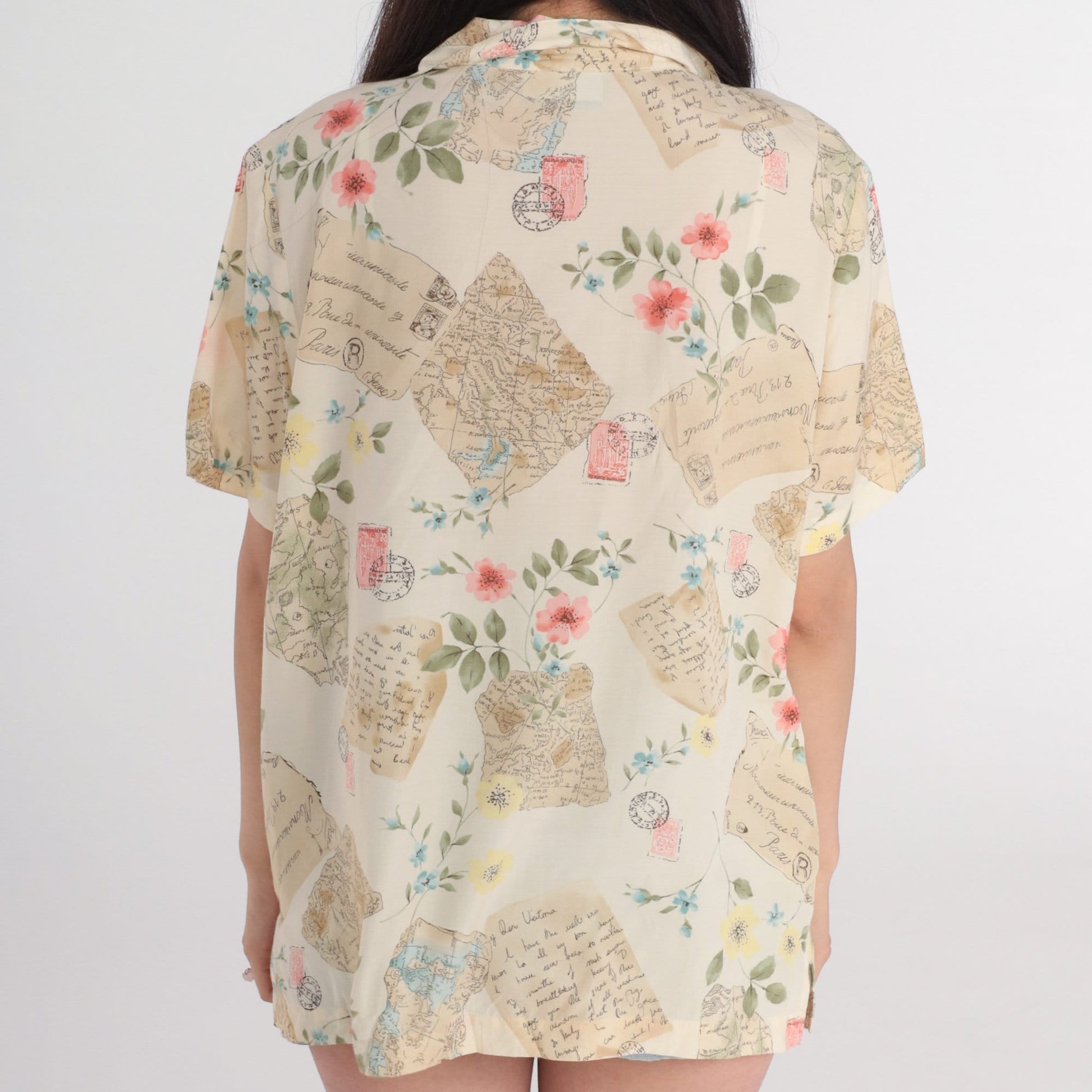 90s Liz Claiborne Travel Print Button-Up Blouse Cream Floral Postcard Shirt Large