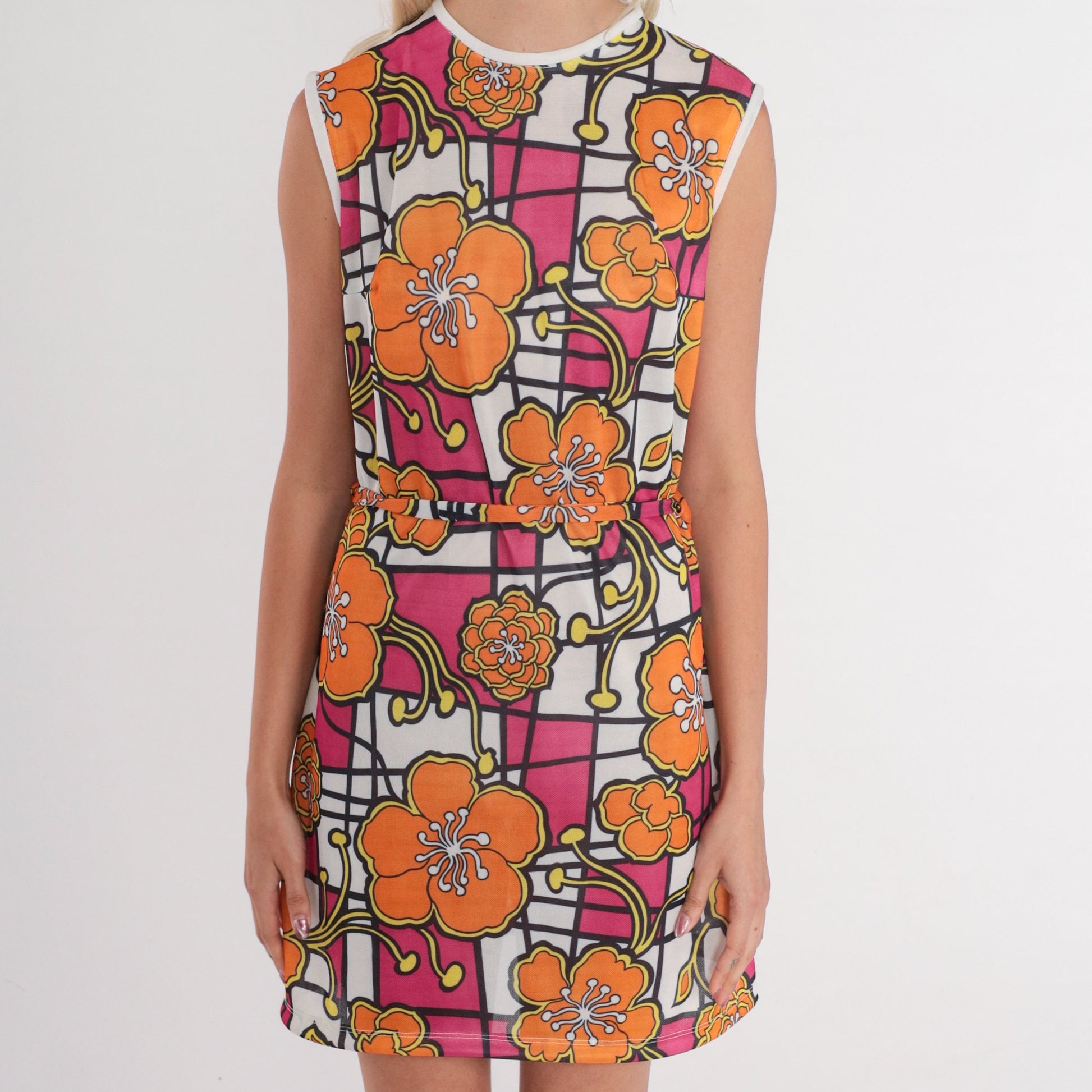 70s Floral Checkered Shift Mini Dress Sleeveless Tropical Print Small S
