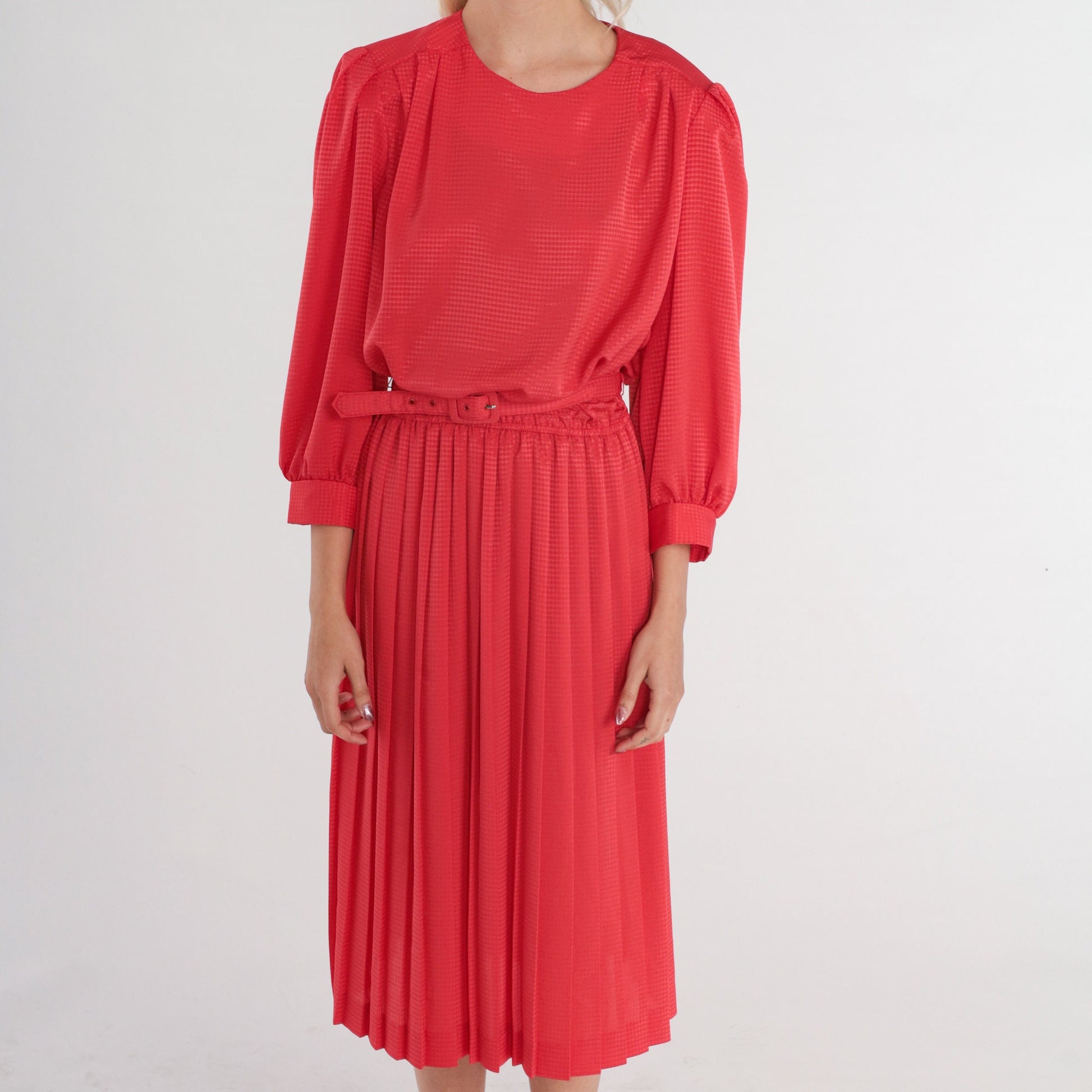 80s Red Diamond Print Midi Dress Puff Sleeve High Waisted Belted Small Medium