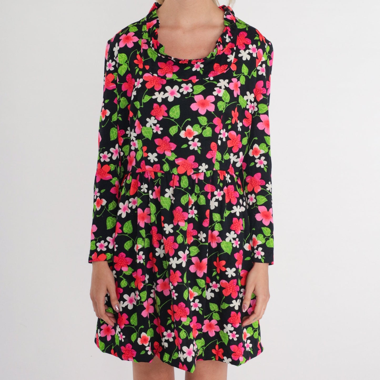 70s Black Floral Mini Dress Long Sleeve Ruffled Neck High Waisted Medium