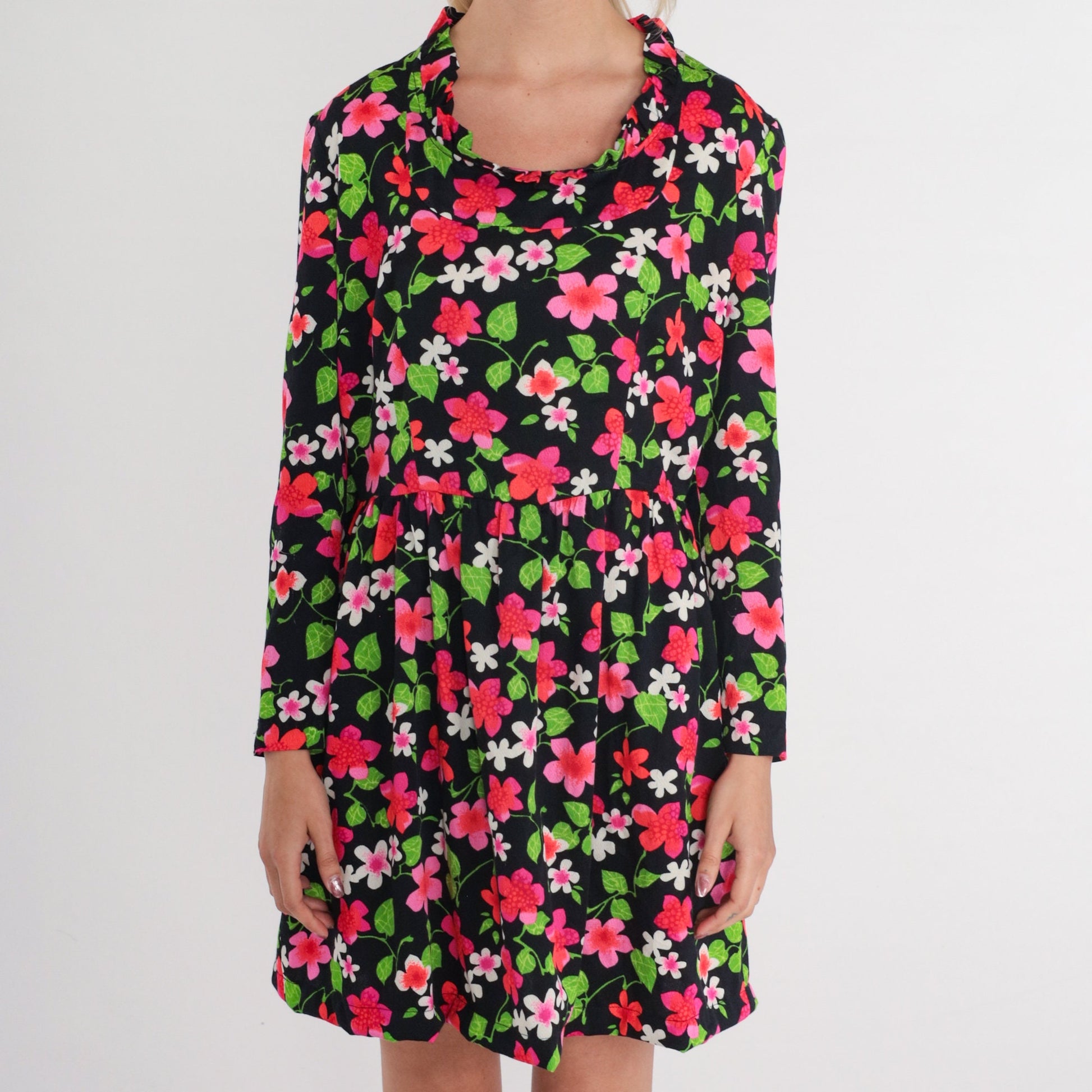 70s Black Floral Mini Dress Long Sleeve Ruffled Neck High Waisted Medium