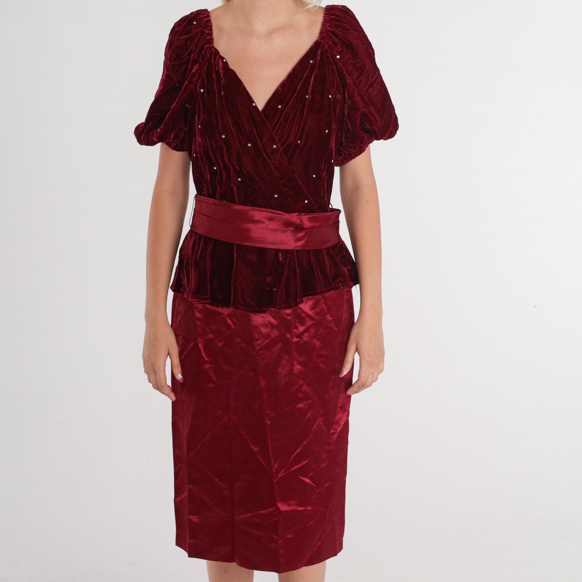 80s Burgundy Velvet Midi Dress Rhinestone Puff Sleeve V-Neck Small