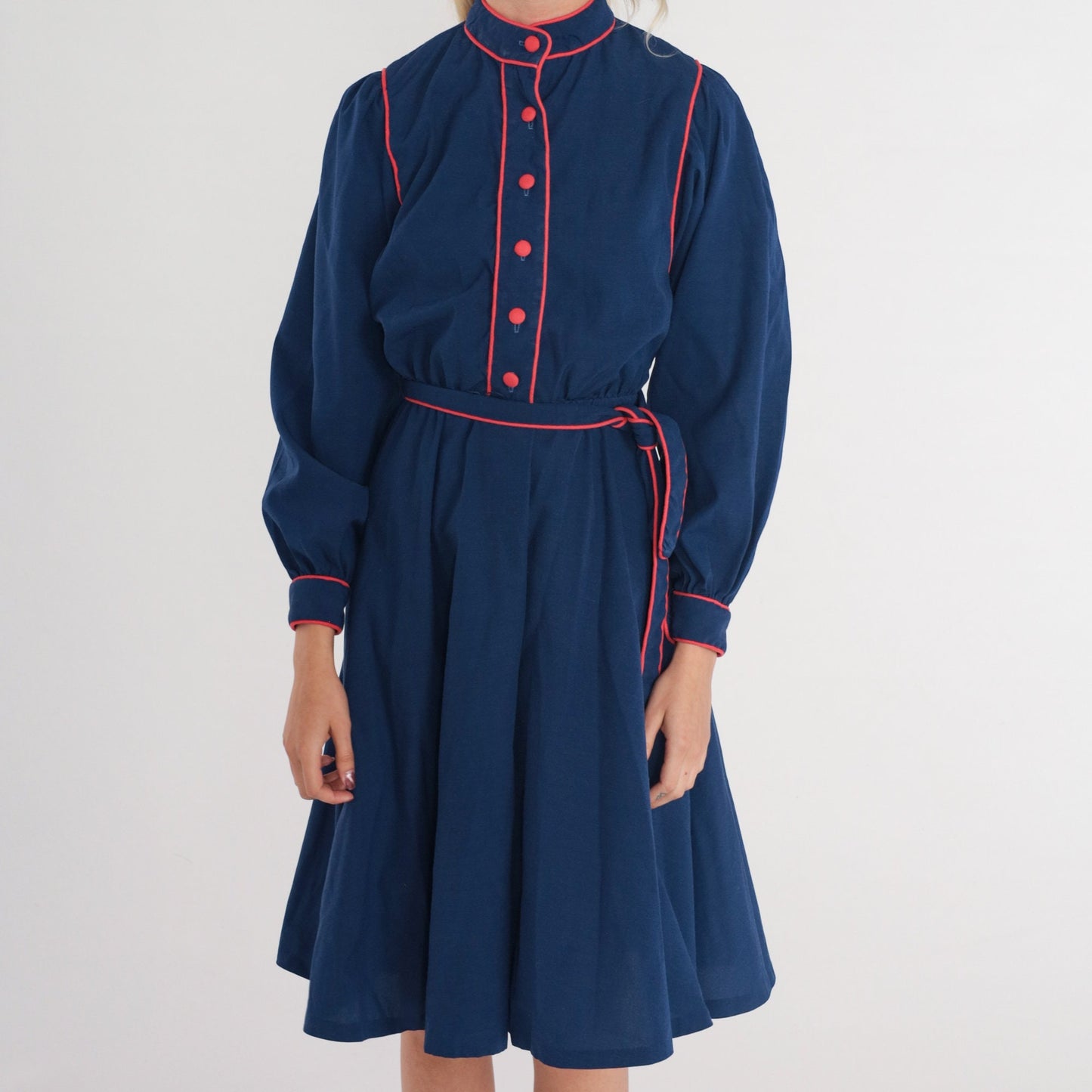 80s Navy Blue Shirtwaist Dress Puff Sleeve Mock Neck Belted Knee Length Extra Small