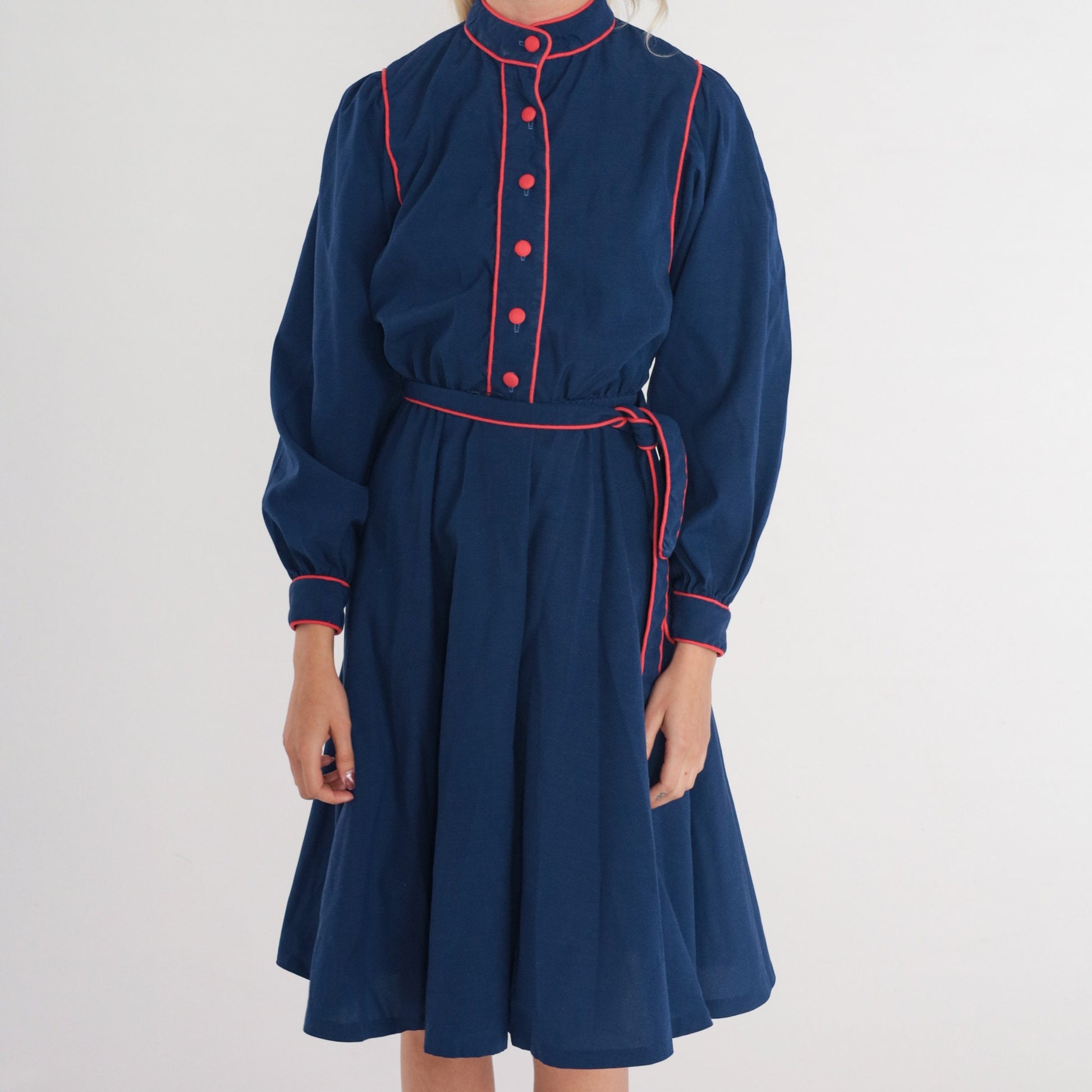 80s Navy Blue Shirtwaist Dress Puff Sleeve Mock Neck Belted Knee Length Extra Small