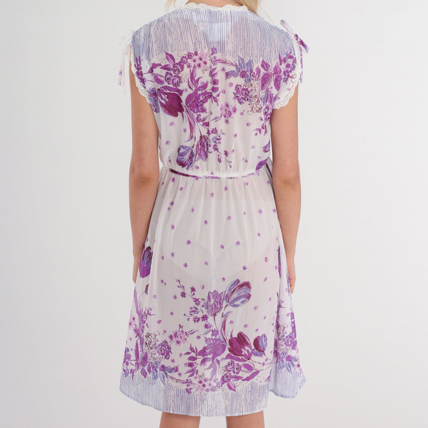 80s White Purple Tulip Floral Mini Dress Lace Trim V Neck High Waisted Extra Small
