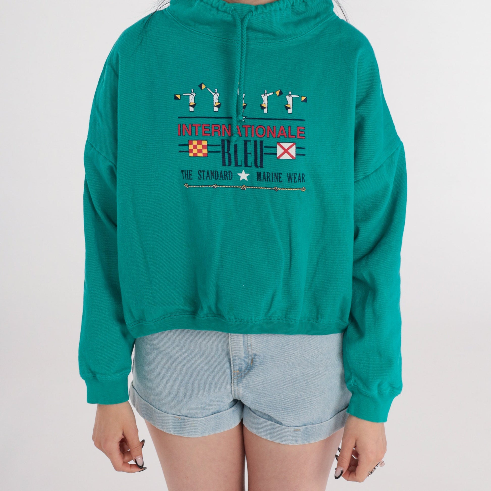 90s Internationale Bleu Nautical Cotton Sweatshirt Green Funnel Neck Small Medium