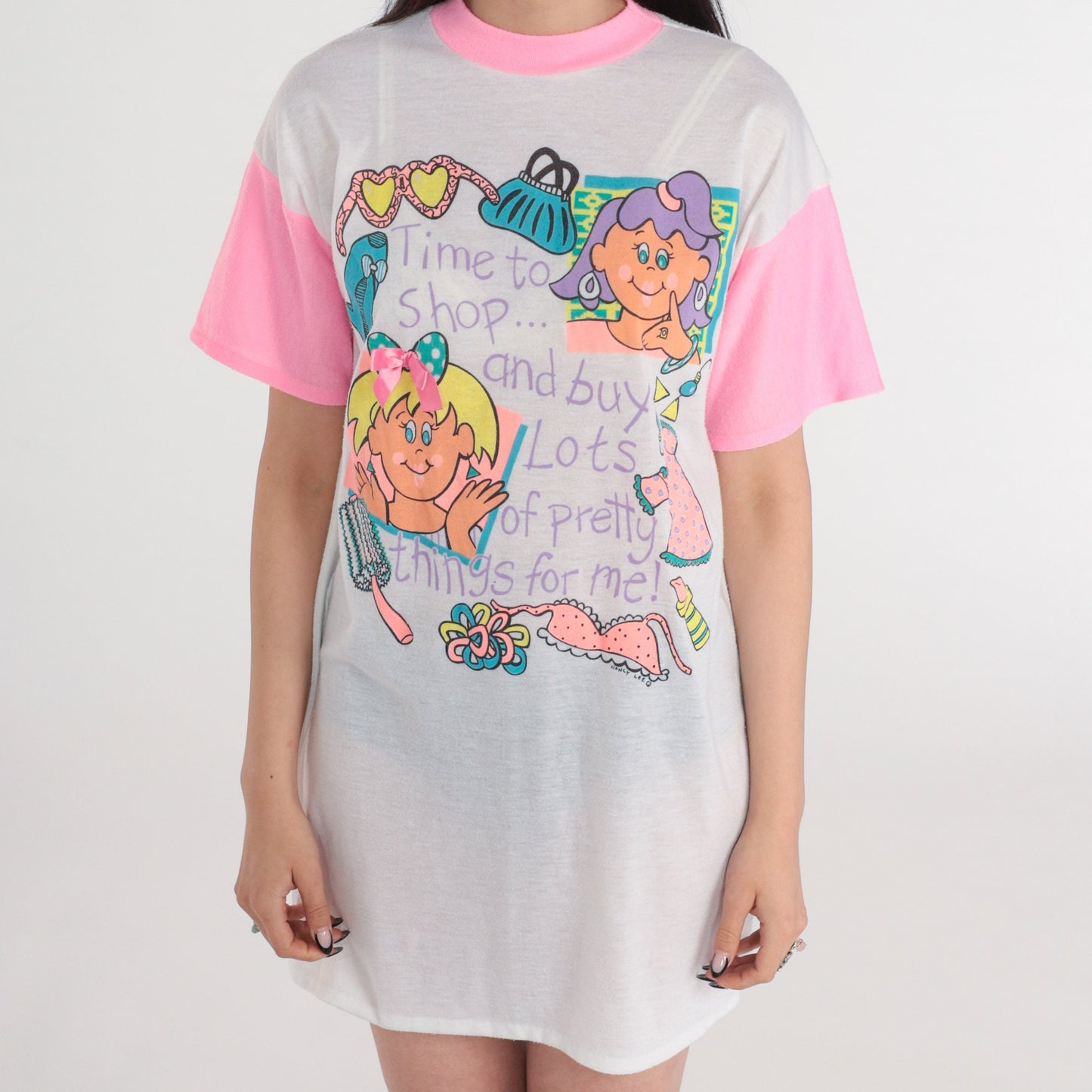 90s Time To Shop Graphic Nightgown Hot Pink Ringer Dress Small Medium