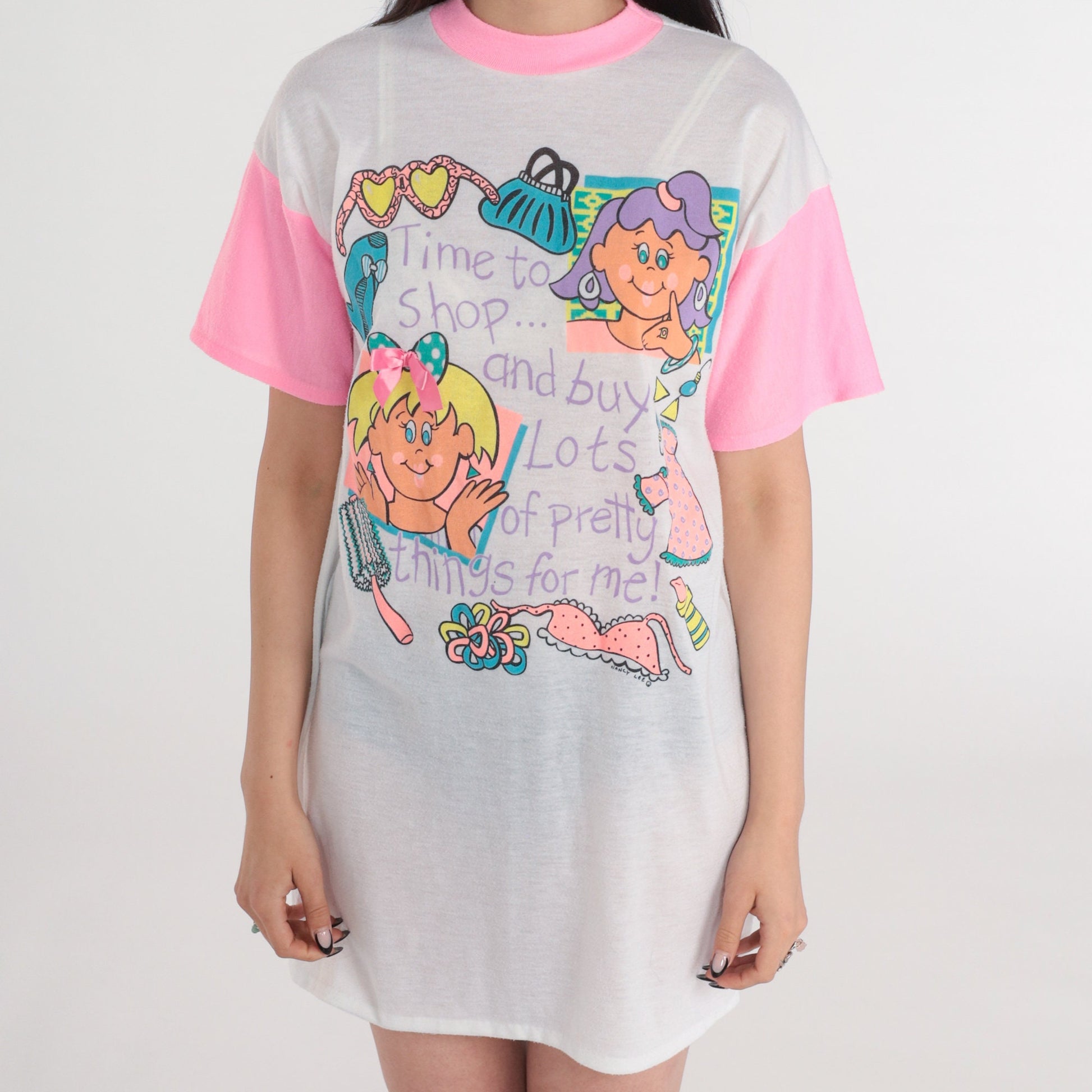 90s Time To Shop Graphic Nightgown Hot Pink Ringer Dress Small Medium