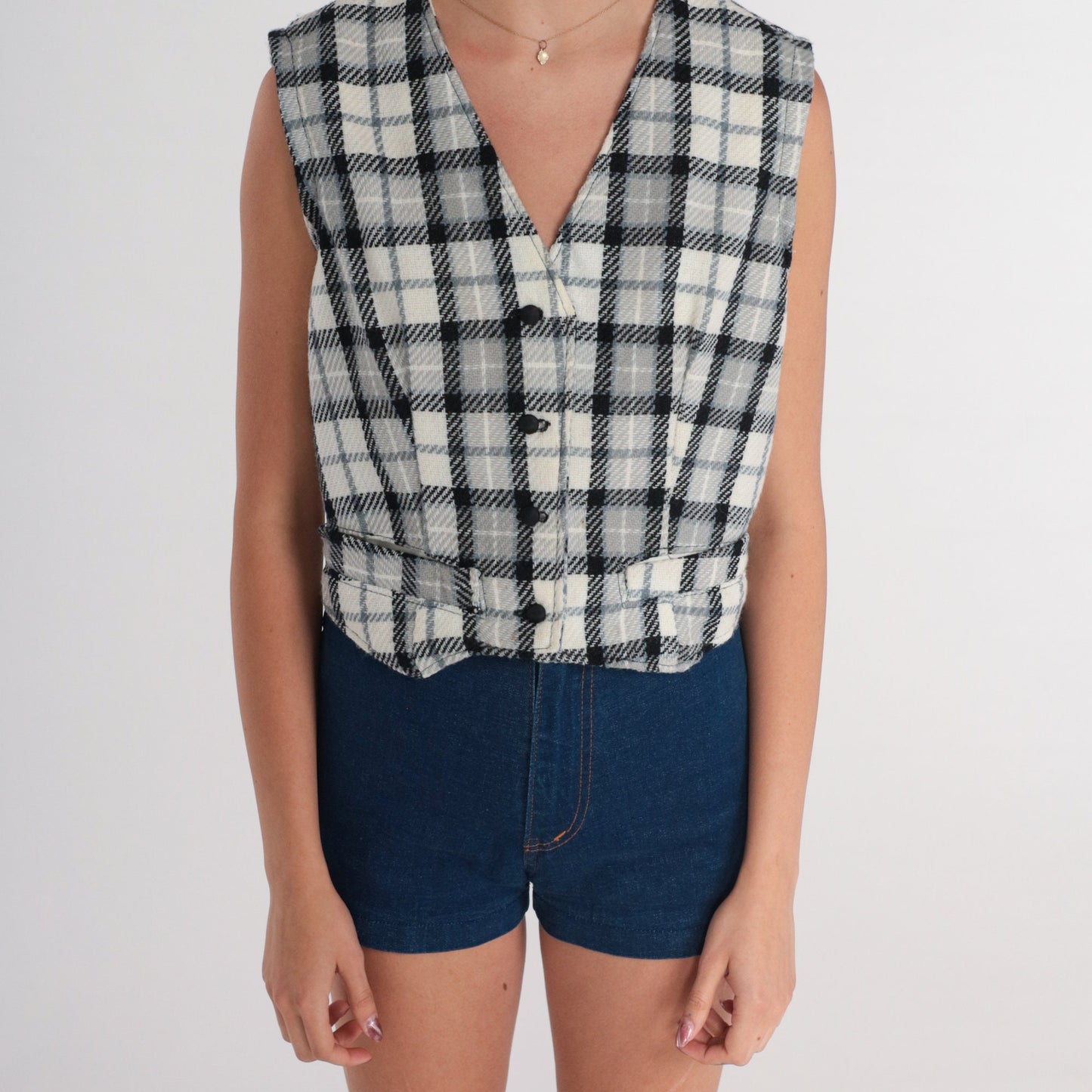 80s Black White Plaid Cropped Vest Button-Up Sleeveless Small