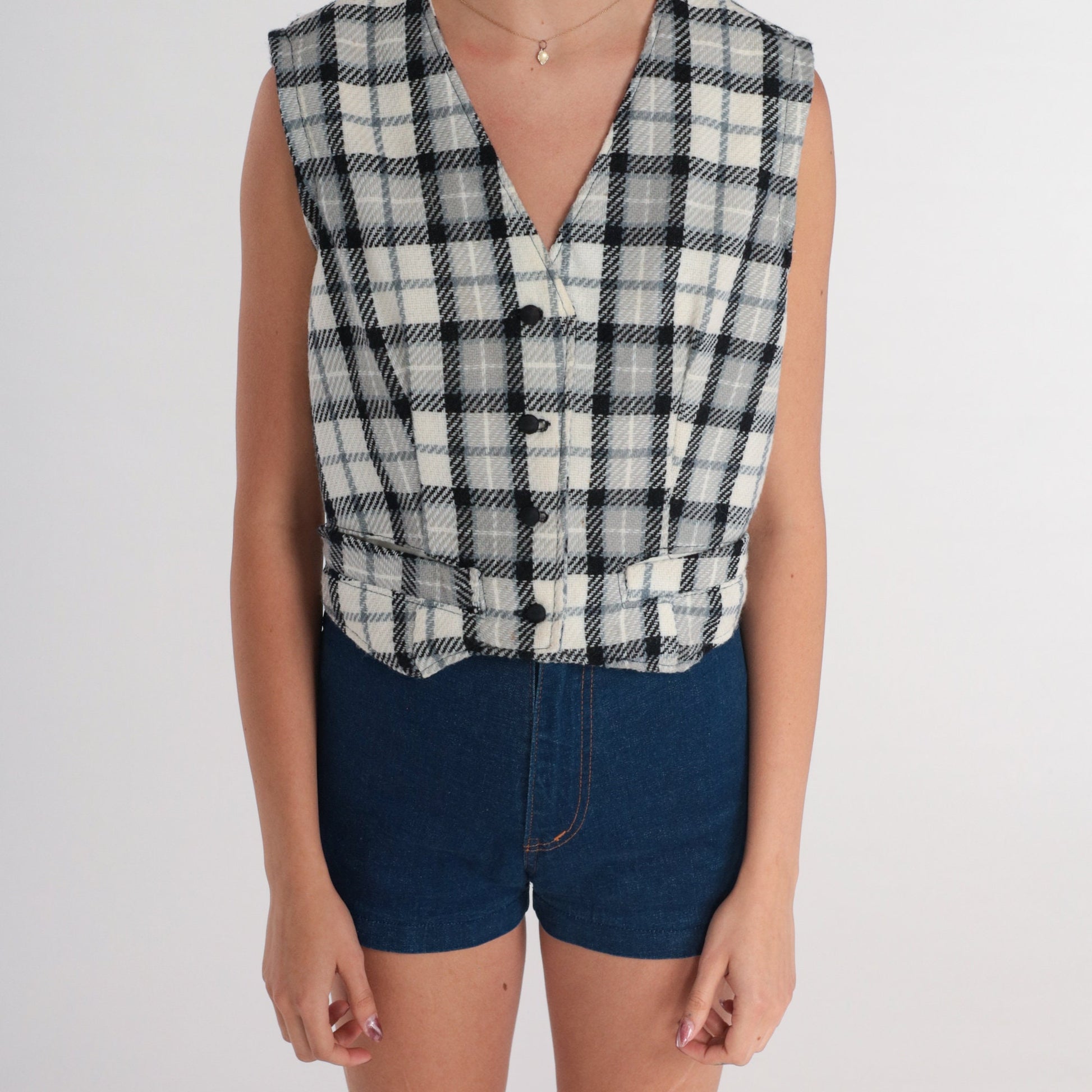 80s Black White Plaid Cropped Vest Button-Up Sleeveless Small