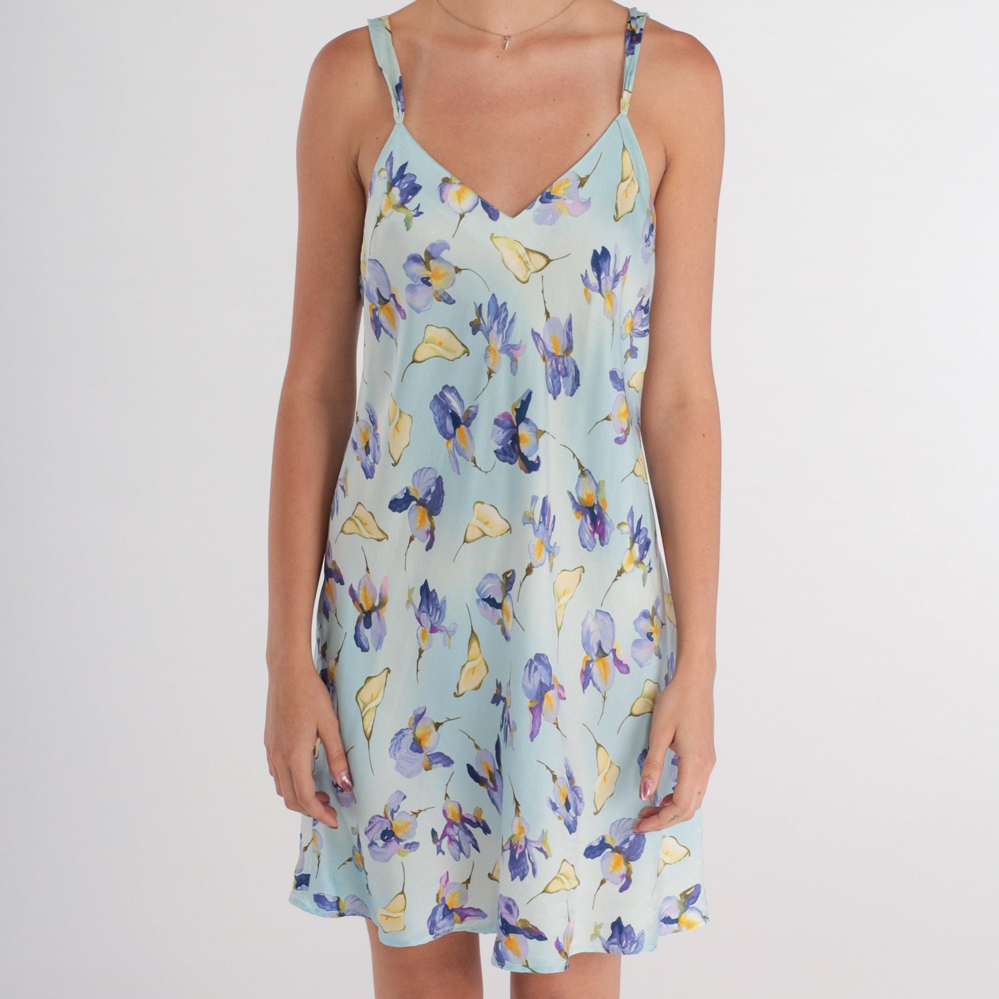 00s Blue Floral Silk Slip Dress Mini Sleeveless Nightgown Medium M
