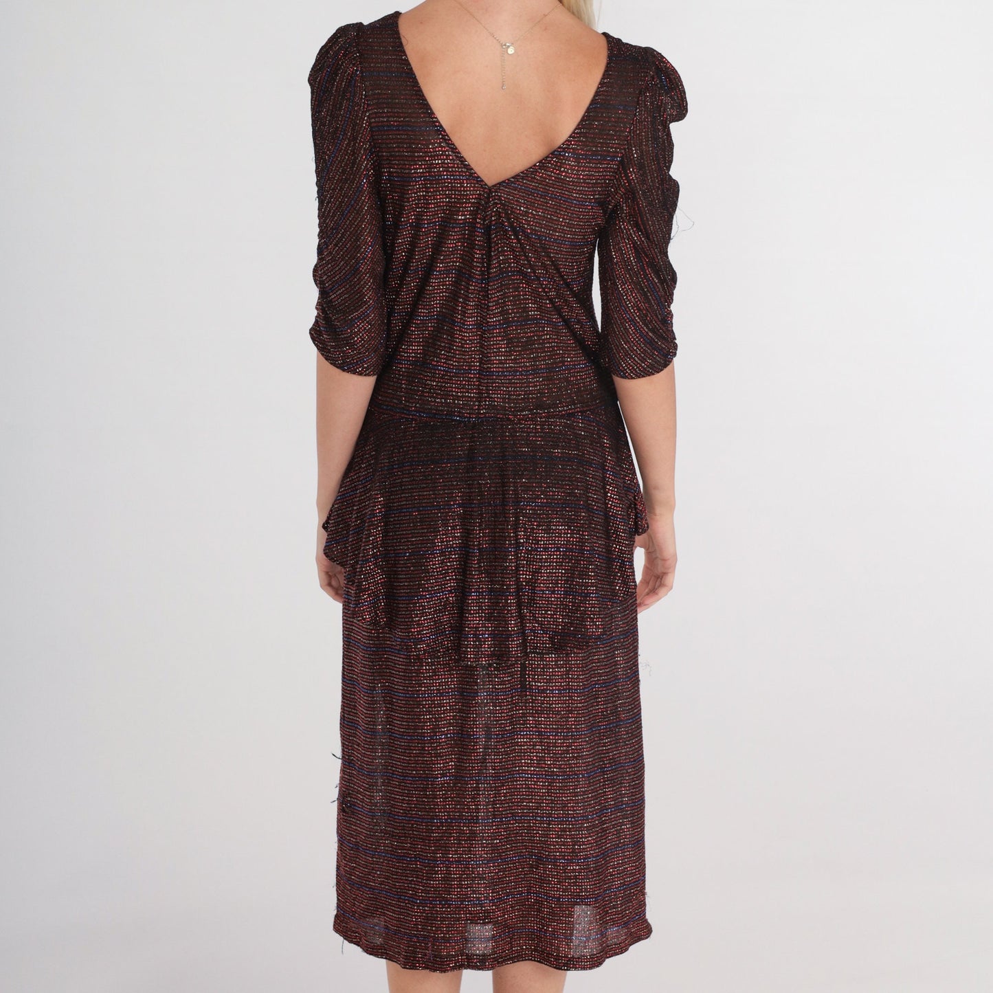 70s Metallic Peplum Midi Dress Puff Sleeve Sparkly Party Cocktail Small S