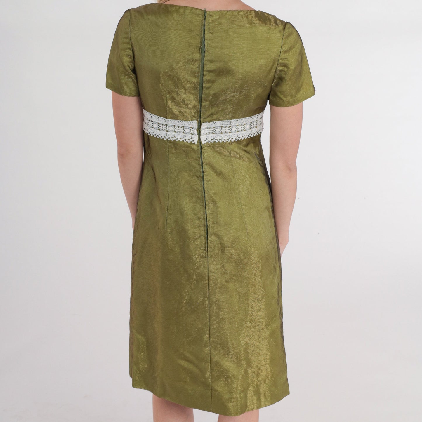 60s Iridescent Green Mini Dress Empire Waist Lace Trim Short Sleeve Extra Small