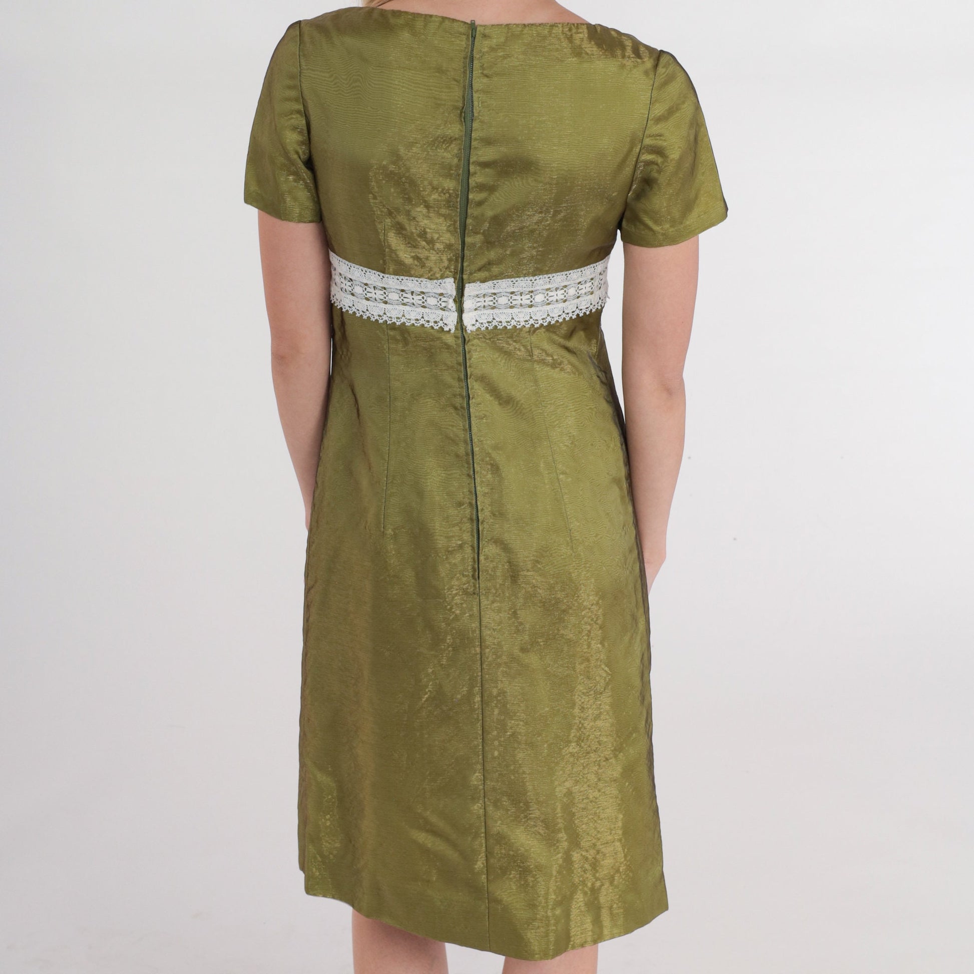 60s Iridescent Green Mini Dress Empire Waist Lace Trim Short Sleeve Extra Small
